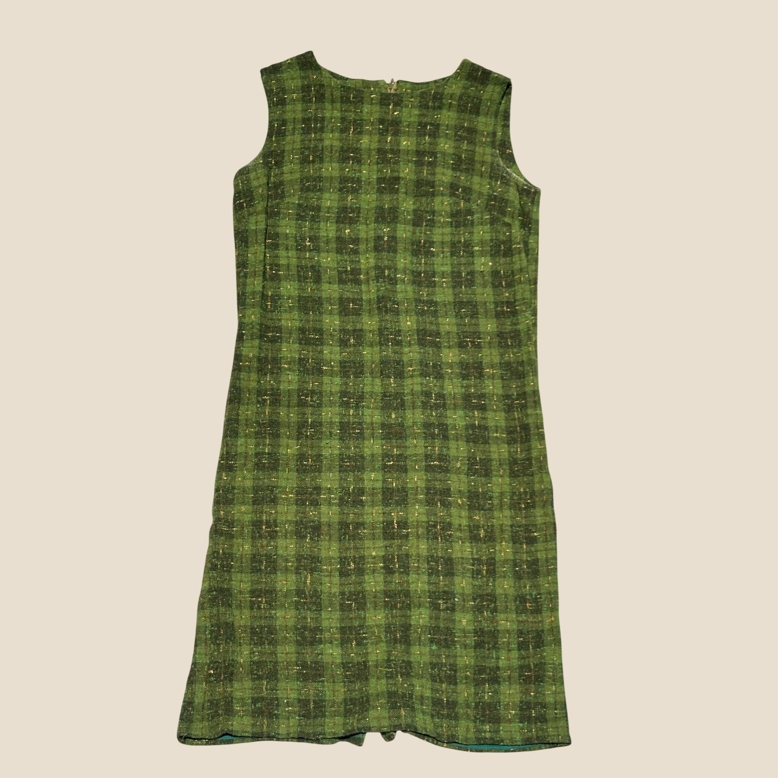 Vintage 50s / 60s Green Plaid Wool Blend Tweed Sleeveless Dress Accents Lined 16