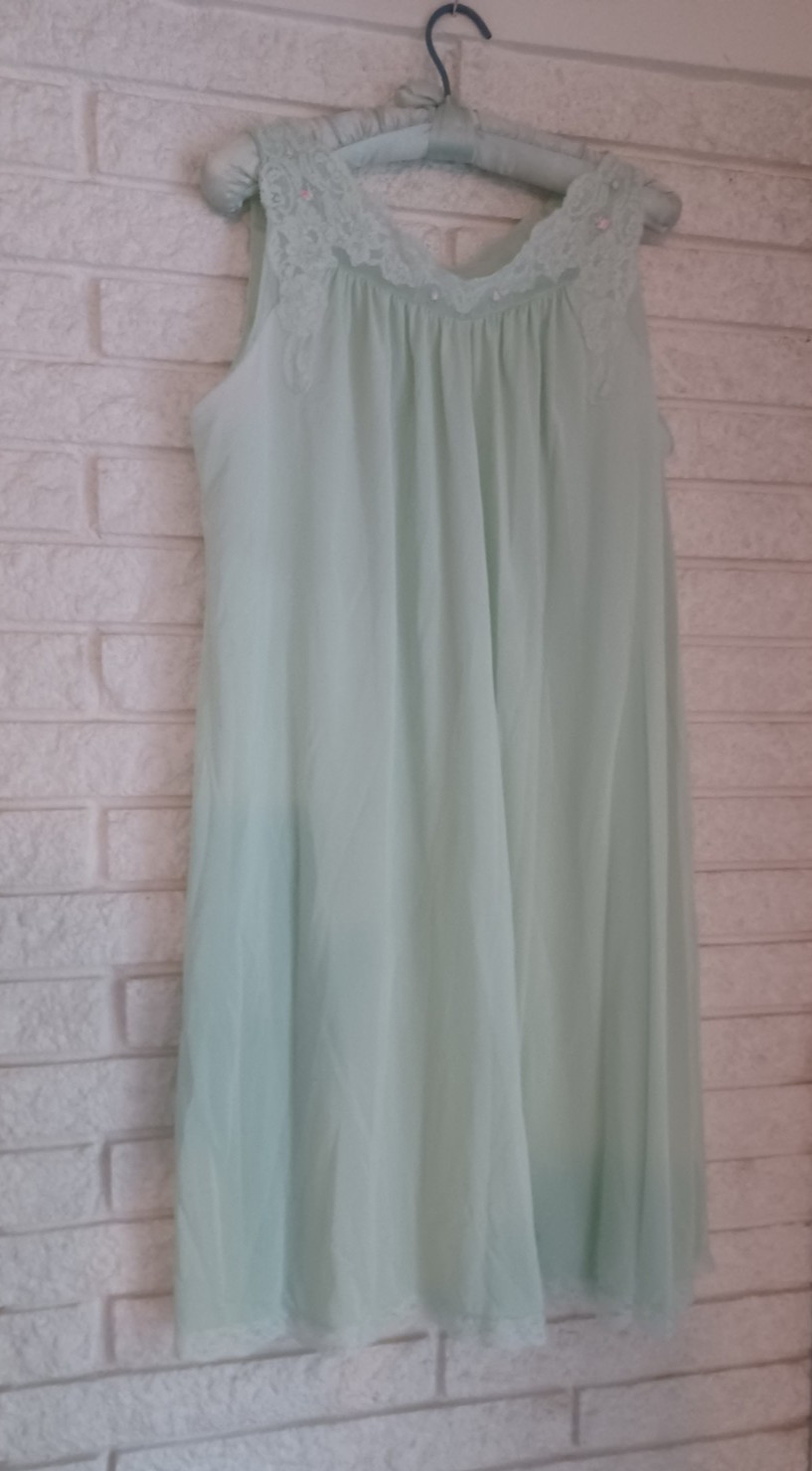Vintage Shadowline Med Mint Green with Lace Rosebud Embroidery Knee Length Gown