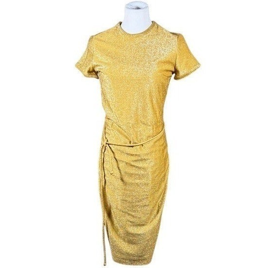 Vintage Toni Hunt Gold Metallic Ruched Sheath Dress Short Sleeve Size 10 MCM
