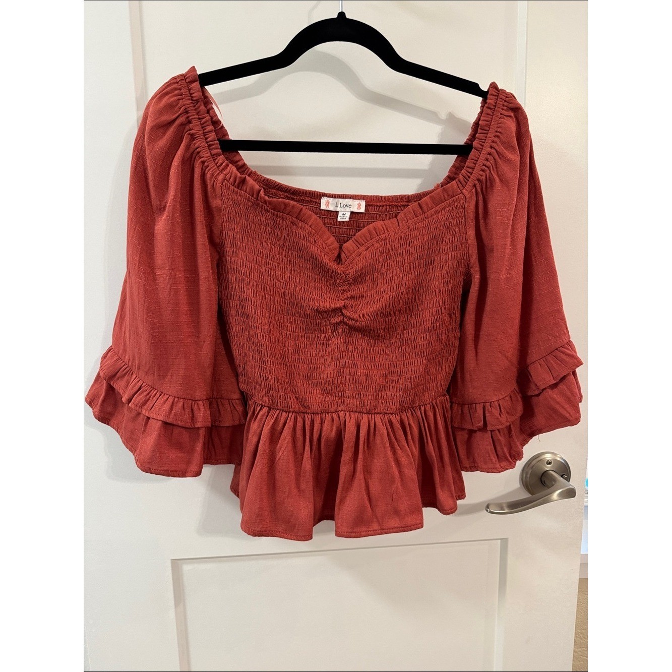 Boho Smocked Peplum Peasant Blouse with Ruffle Bell Sleeves Size M – Rust Rose