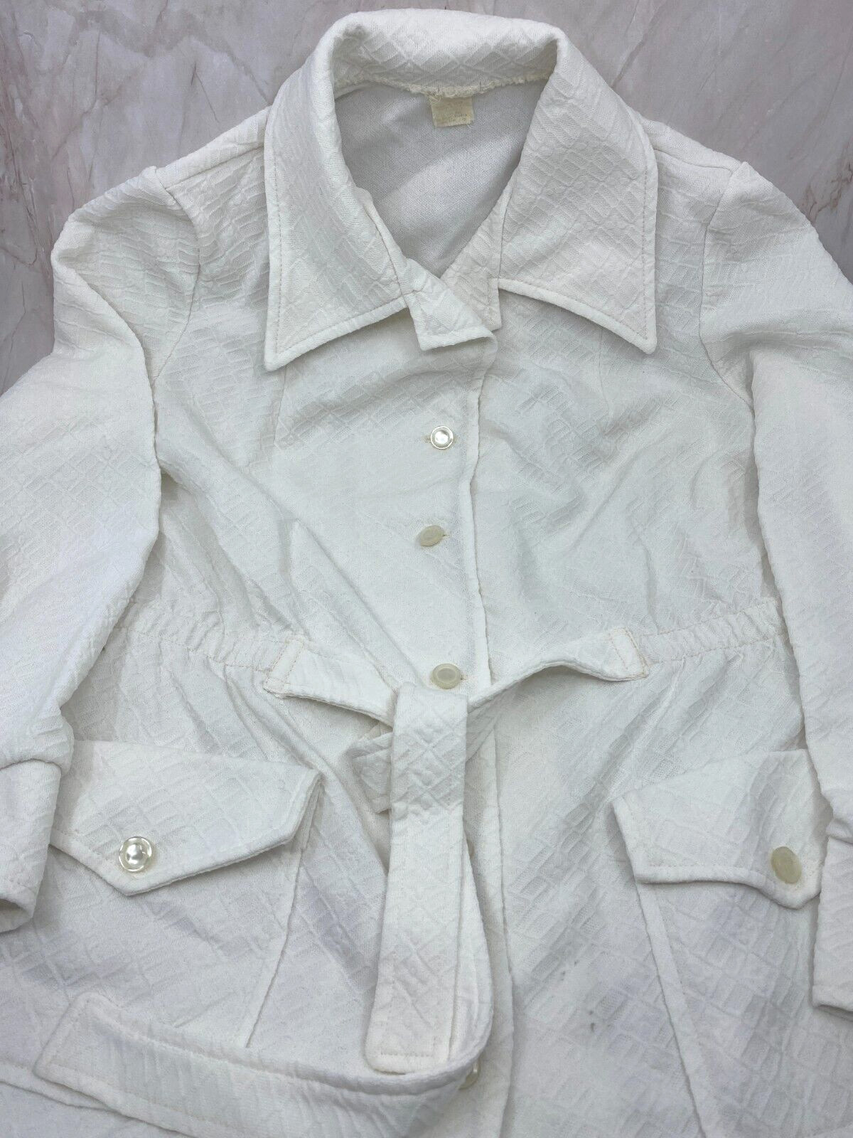 Vintage 1970s Double Knit Polyester Jacket Women Sz Large White Button Tie Close