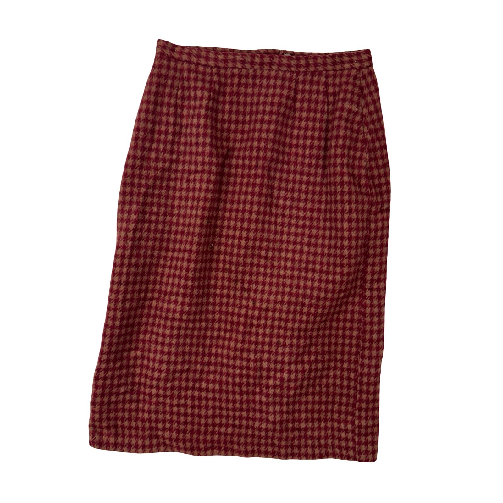 Vintage 60s Heavy Wool Houndstooth Skirt Red Camel Metal Zip 28W Medium Project