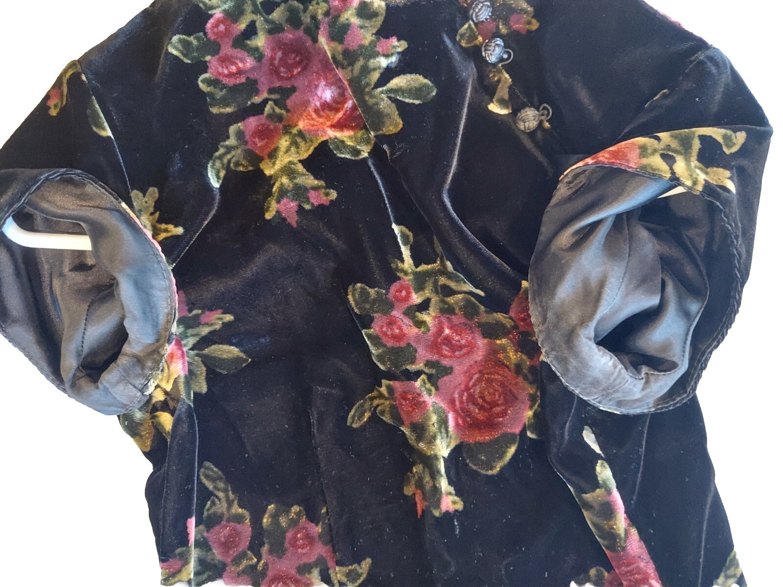 Vtg Long Black Floral Velvet Cheongsam Short Sleeved Sz 6 Erika Eriksson