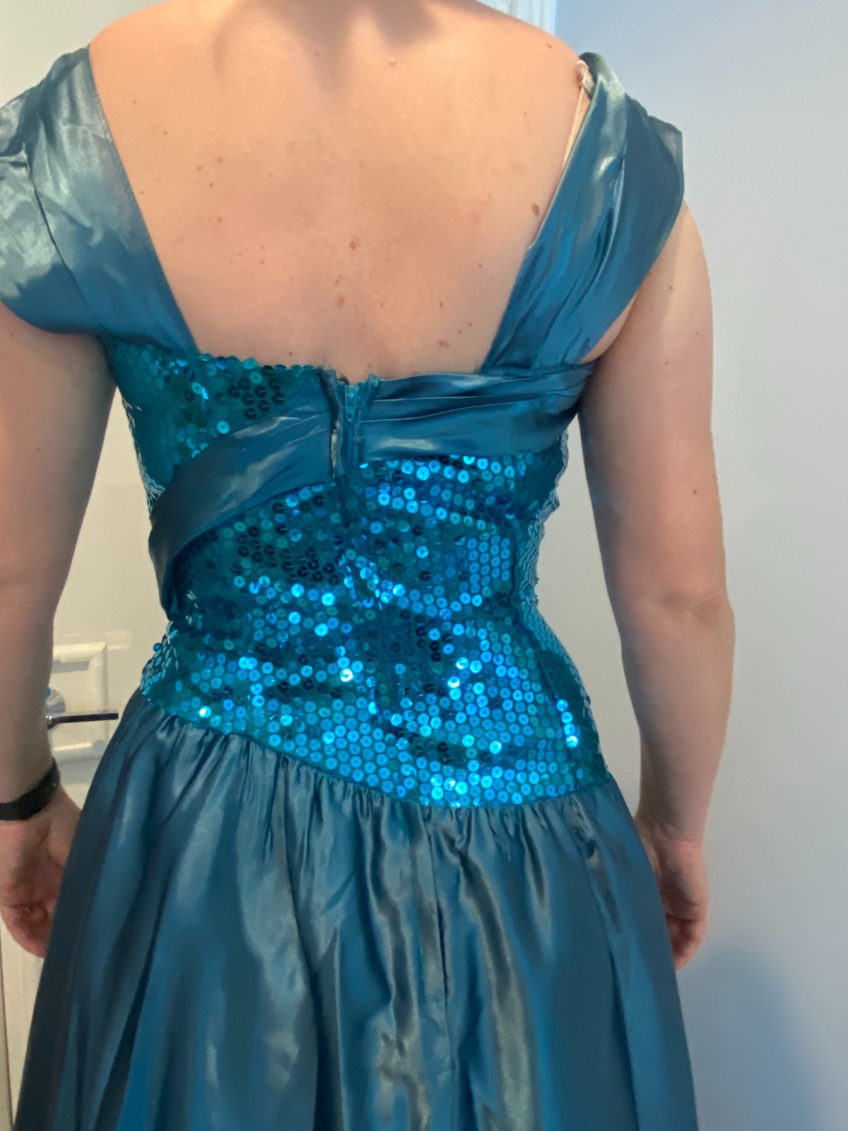 Stunning Vintage 80s Prom Dress Teal Sequin and satin with black crinoline