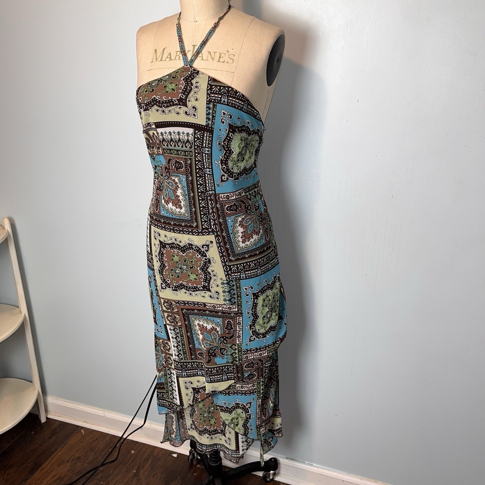 Vtg Y2K Paisley Patchwork Blue Brown Whimsy Fairy Halter Dress Asymmetric Hem 10