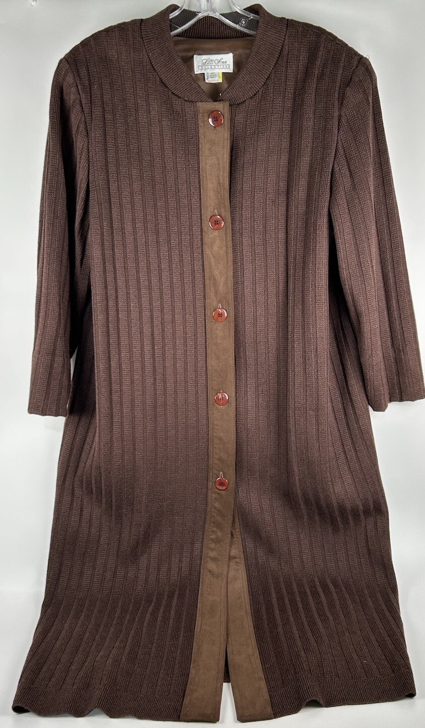Vintage Lilli Ann Brown Long Sweater Trench Coat Sz XL Wool Suede Union Made