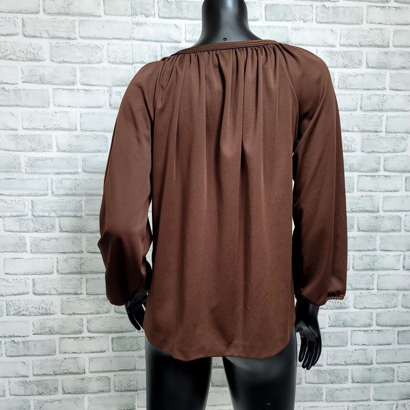 Vintage 70s Brown Polyester Blouse Womens M Bell Sleeve Disco Keyhole Neckline