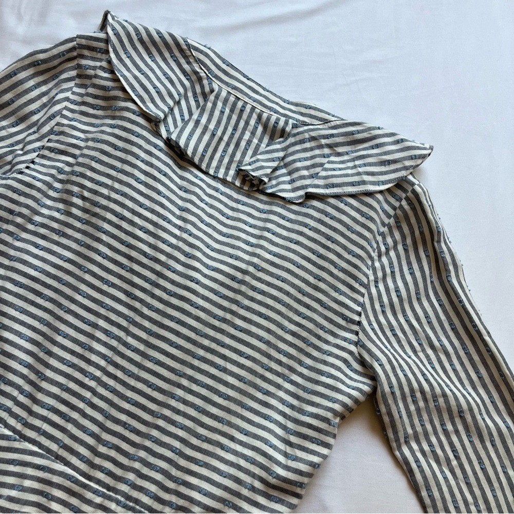 VERONICA BEARD ivory grey striped Swiss dot ruffle button up long sleeve mini