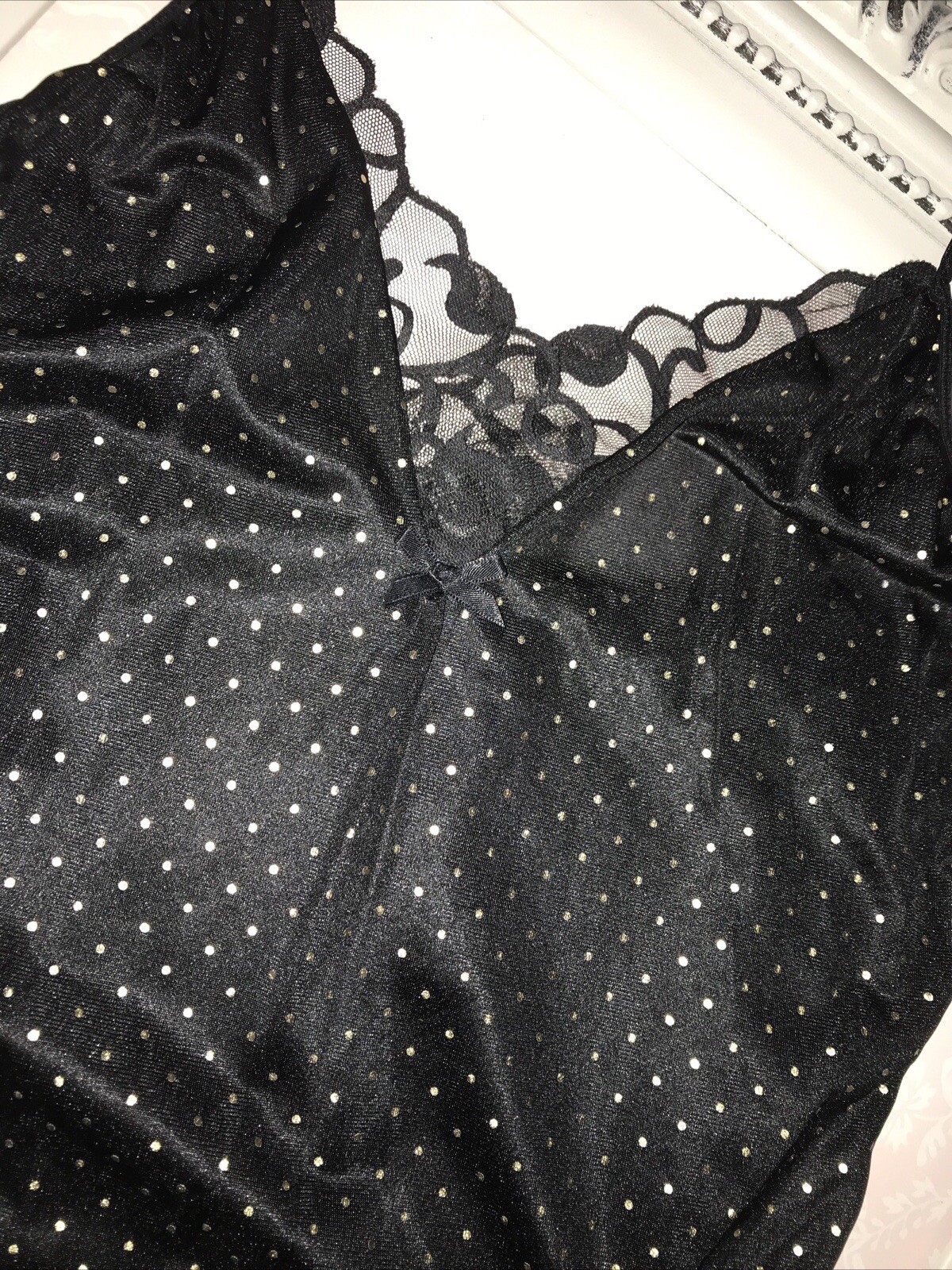 Vintage Teddy ROMPER Bodysuit ROMANTIC FASHIONS~stretch BLACK/GOLD DOT WOMANS M