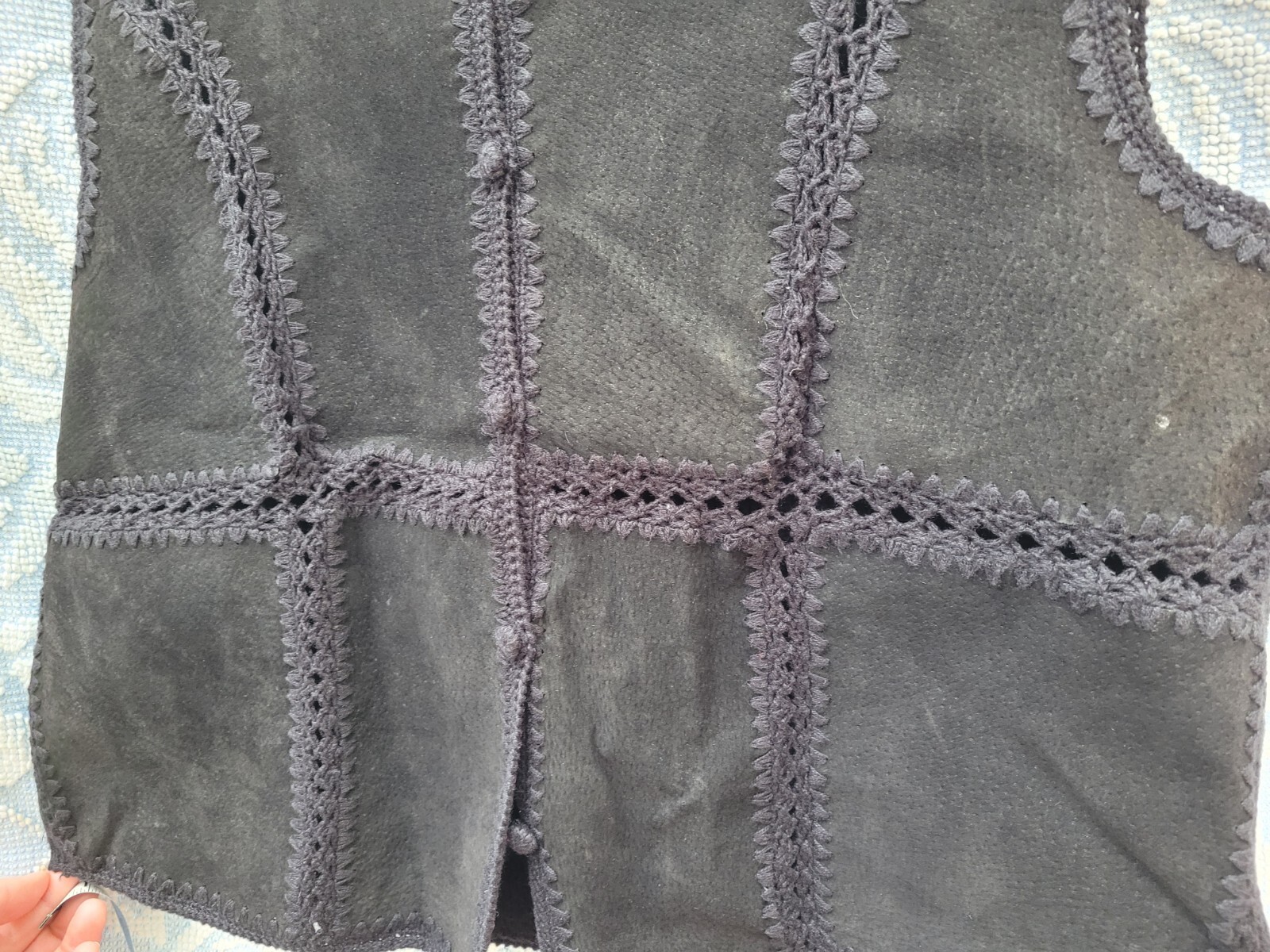 Vintage Erika Black Patchwork Suede Leather Boho Hippie Vest L Medieval Cosplay