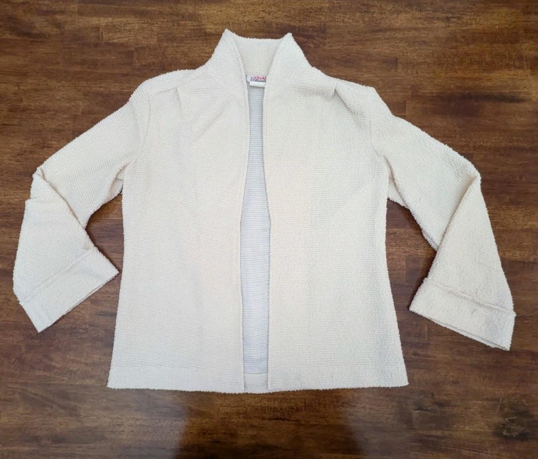 VTG 1970’s Casual Corner Jacket Cardigan Women Medium Cream Boucle Open Front