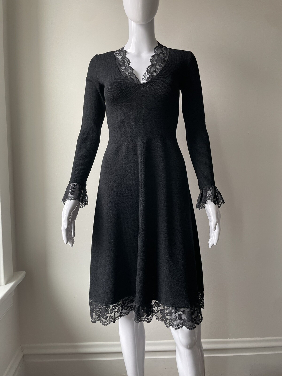 vintage XS S 60s 70s ADOLFO NY black knit midi lace Goth EUC no flaws