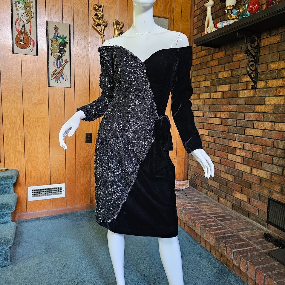 Vtg 80s 90s Lillie Rubin Sequin Velvet Off Shoulder Cocktail Pageant Dress M/L