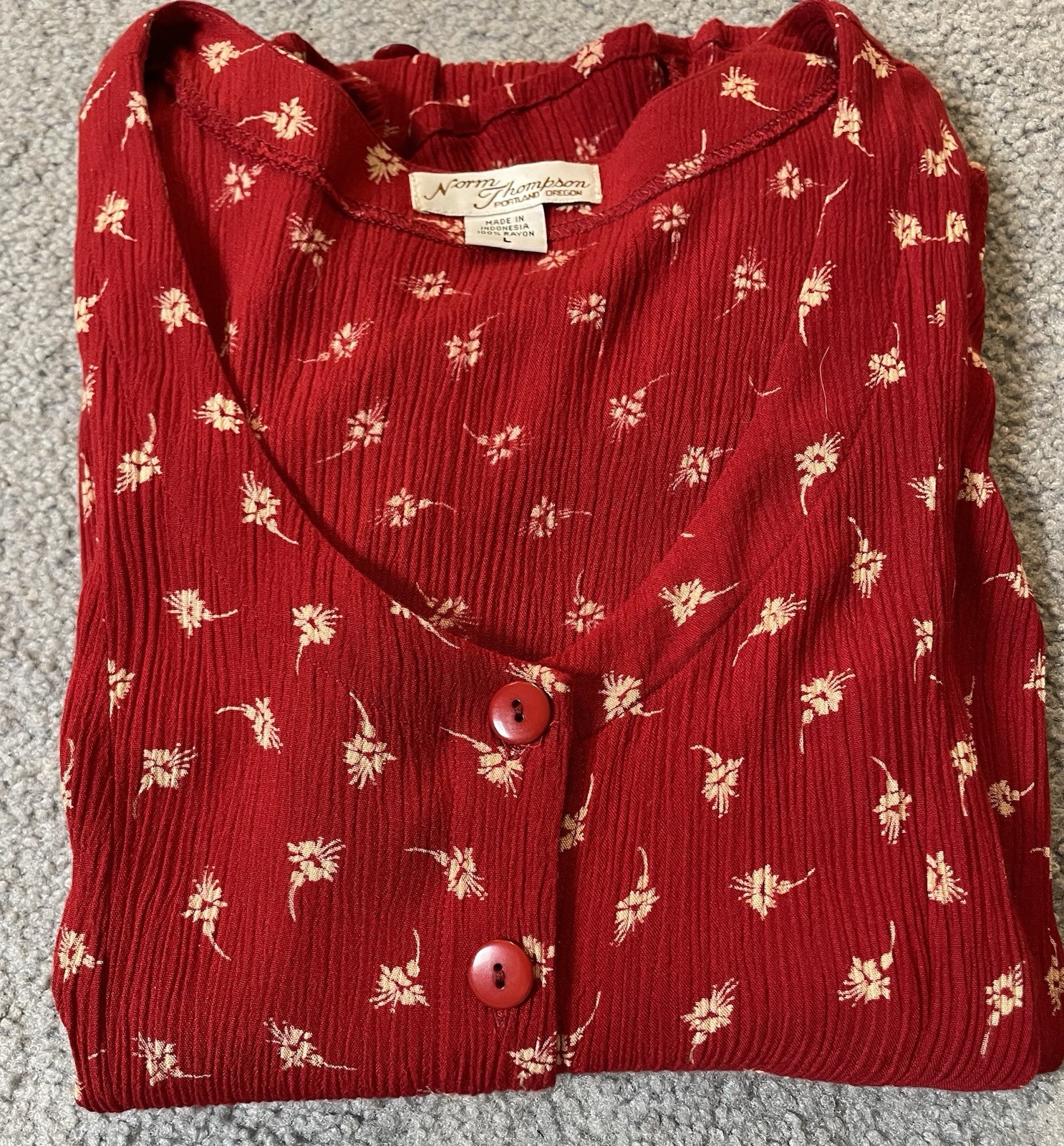 Vtg 90’s Norm Thompson Midi Dress Sz Red Floral Button Up Crinkled Boho Cottage