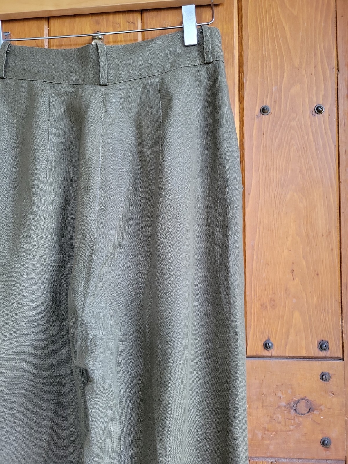 Vintag Lauren Alexandra Sz 8 Olive 100% Linen High Rise Pleated Tapered Trouser
