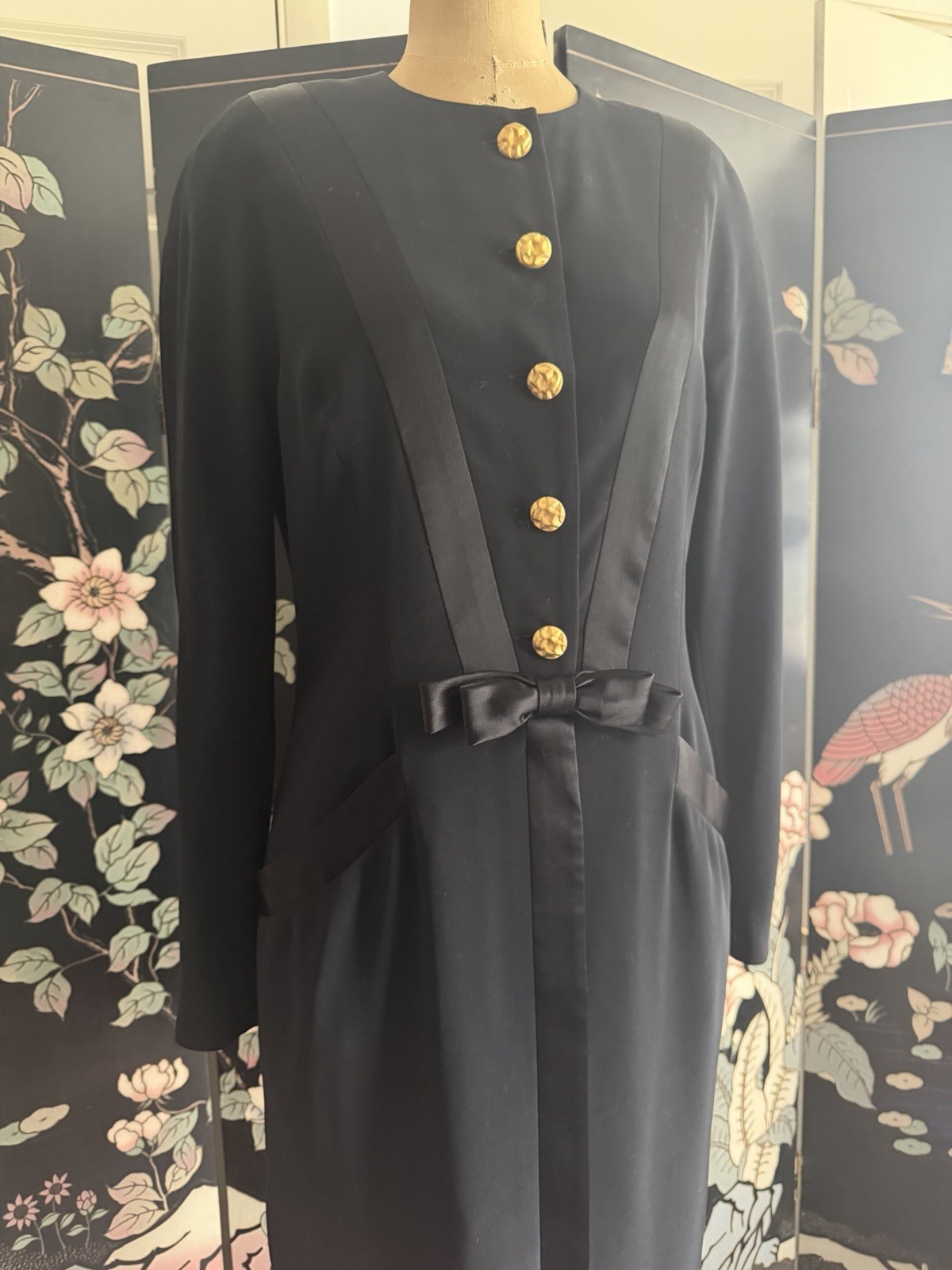 Vintage ‘80s Nipon Boutique Black Crepe & Satin Dress Long Sleeve Bow 8 Small