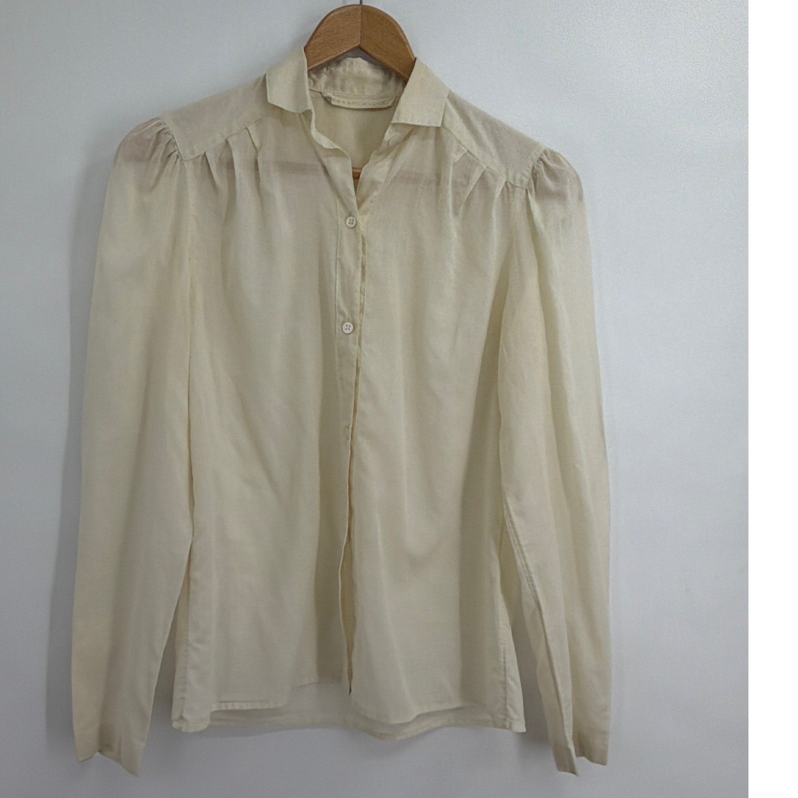 Vintage Perry Ellis Cream Cotton Button Down Blouse Long Sleeve Puff Shoulder