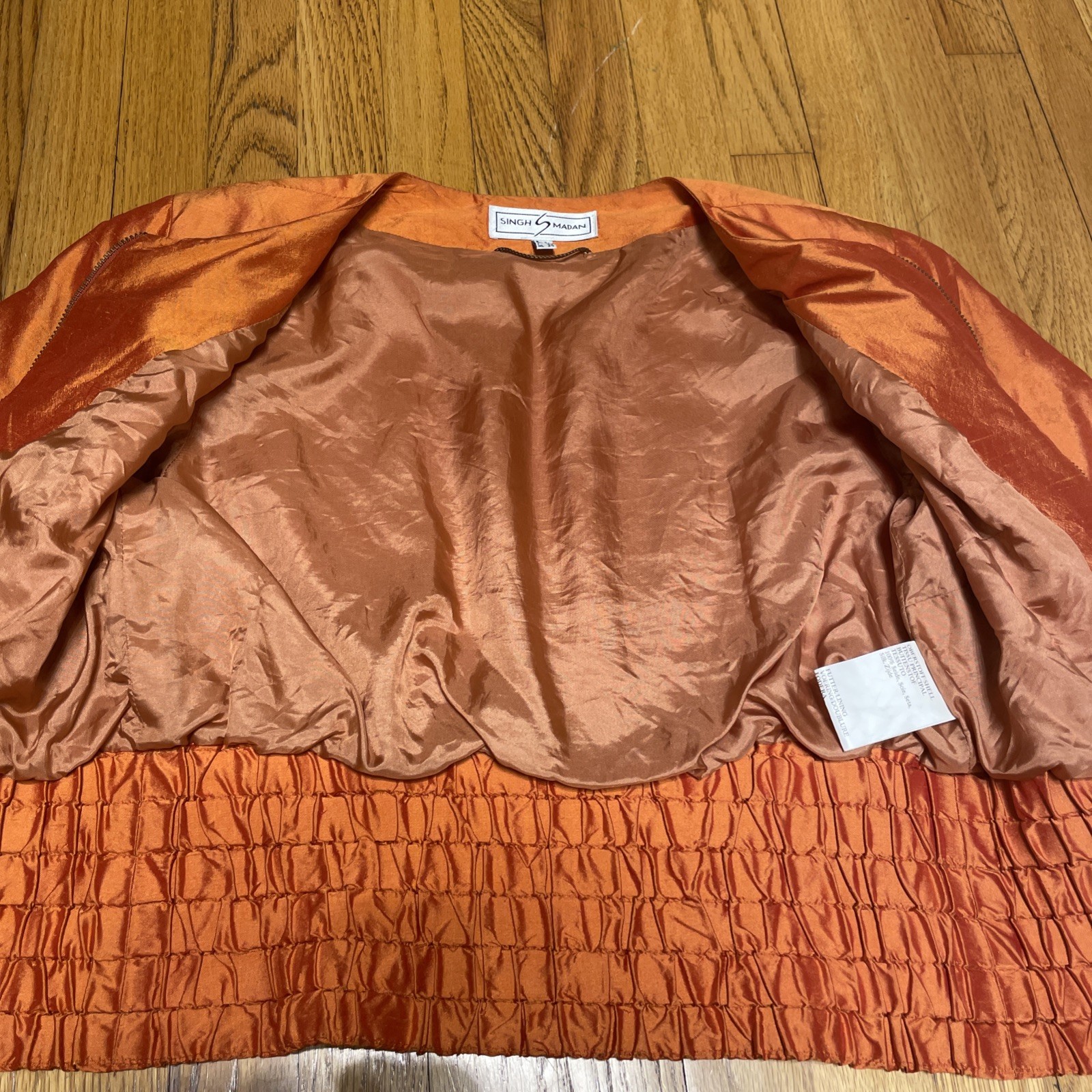 Vintage Singh S. Madan Silk Bronze Orange 100% Silk Bomber Jacket US 4 Small