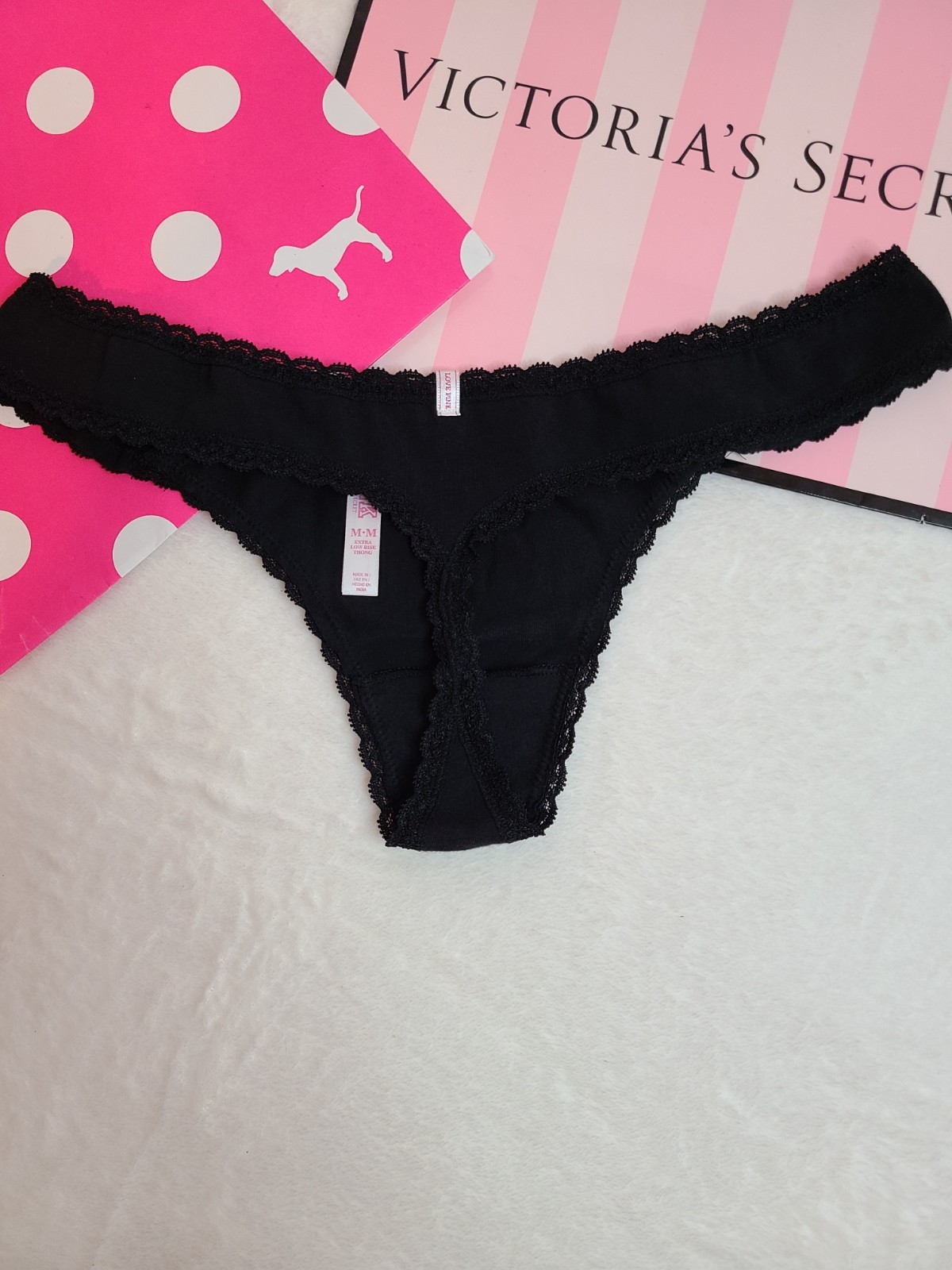 Rare VTG VS PINK Extra Low Rise Glitter Graphic Cotton Thong Panty Size M