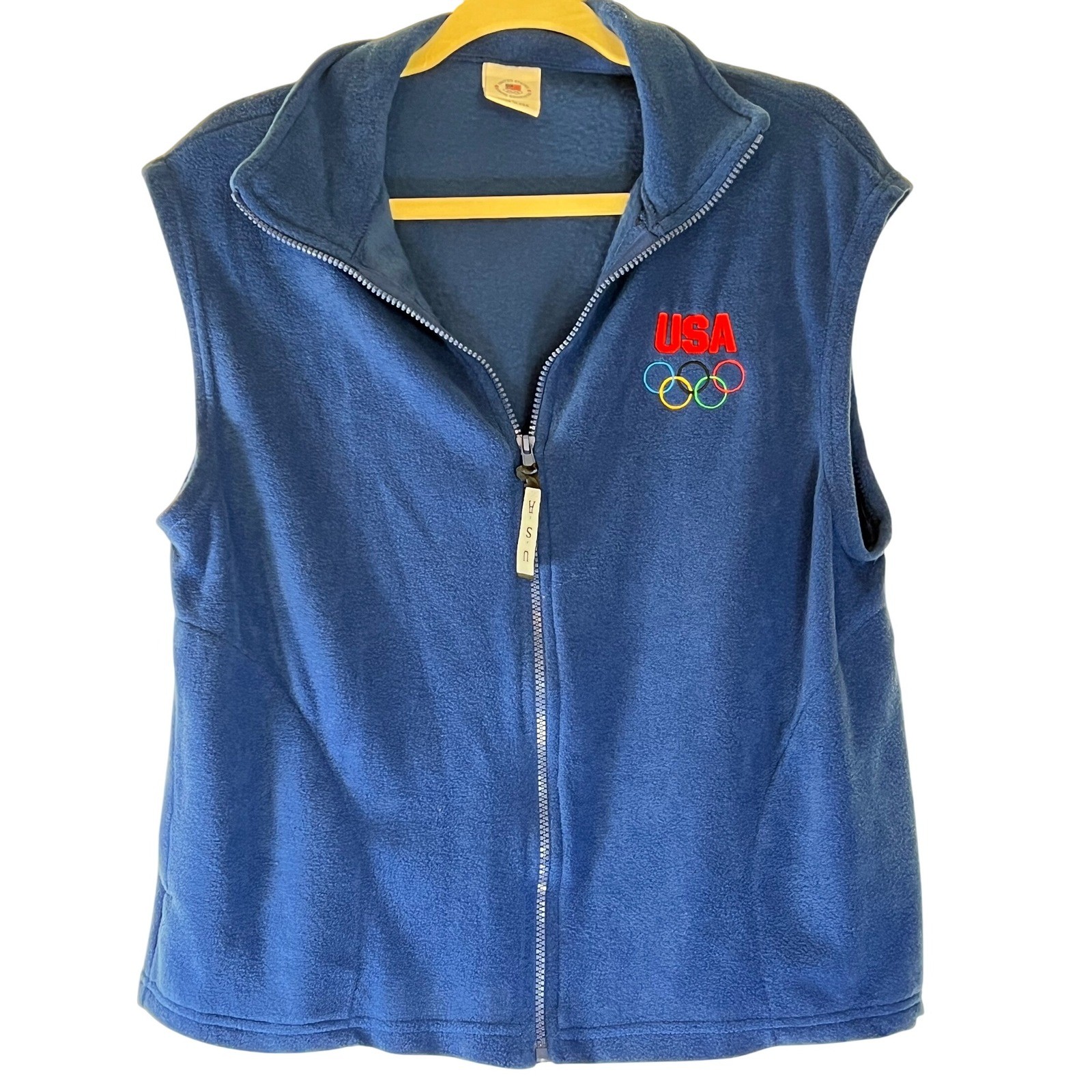 Vintage USA Olympic Fleece Vest Blue Zip Front Embroidered Rings USA