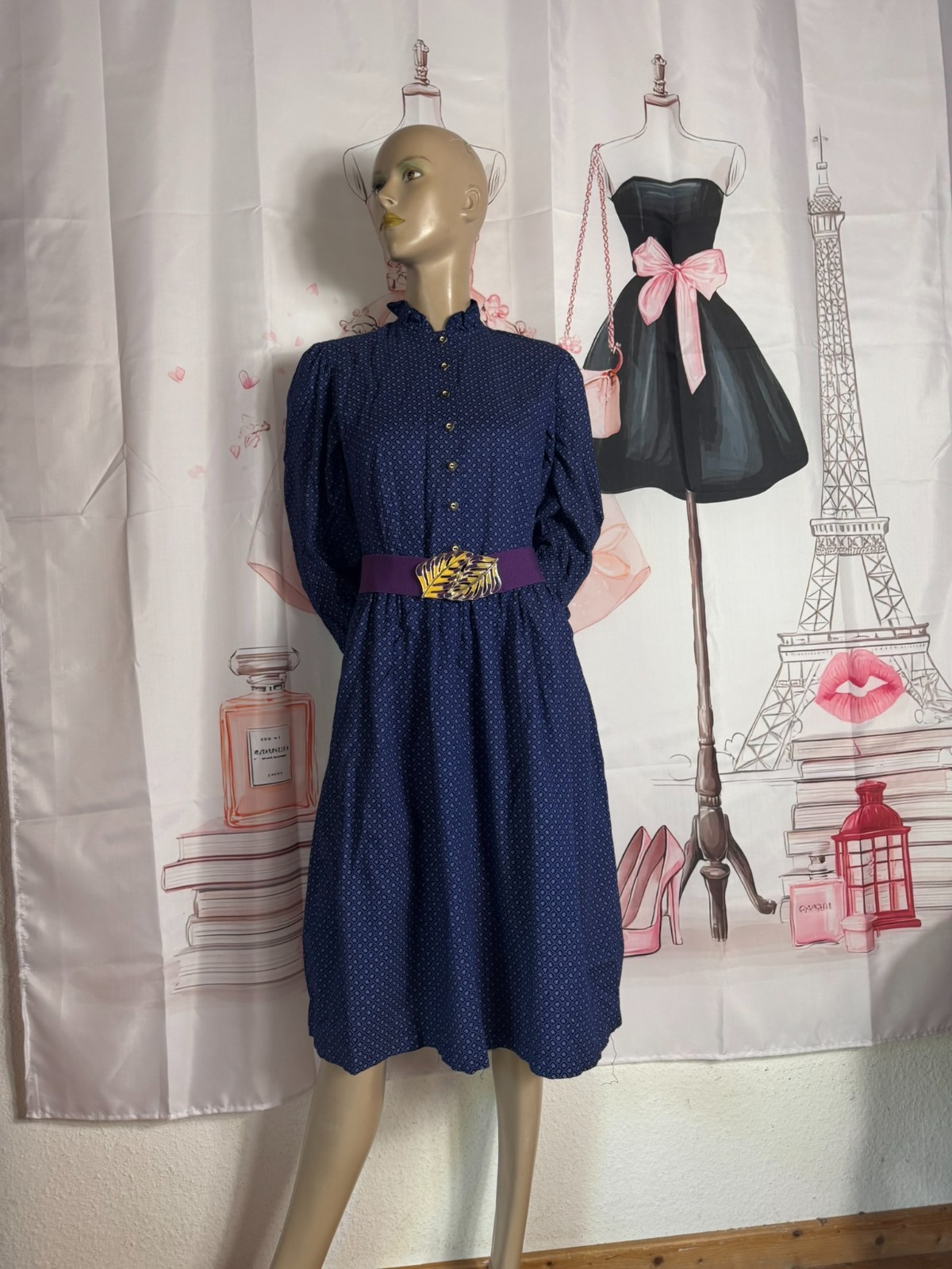 Vintage Country House Dress Blue 70s Cotton Puff Sleeve Costume Dress Size 34 36 38
