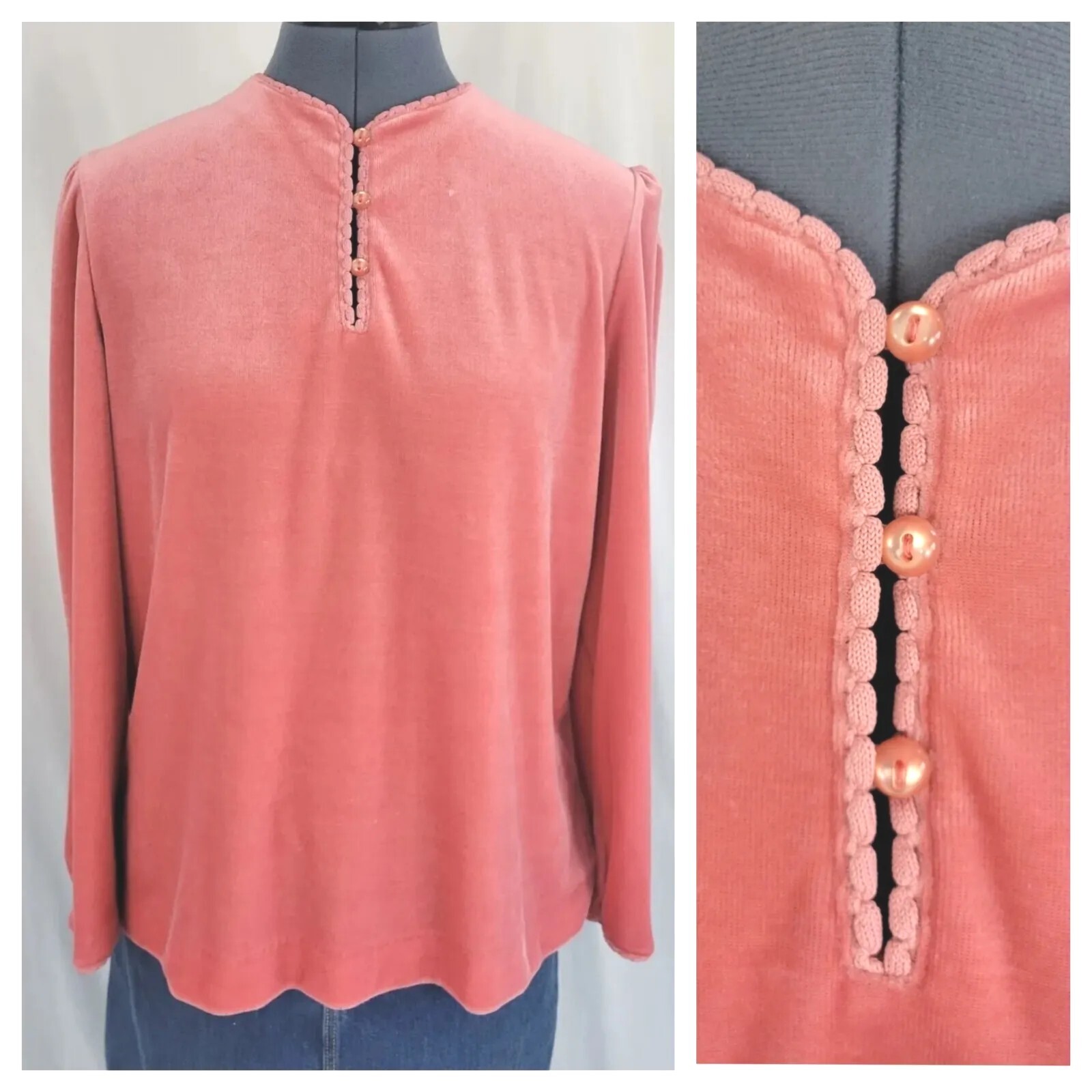 Vintage Butte Knits Coral Velour Top w Scalloped Edging by Butte Knits Size L?