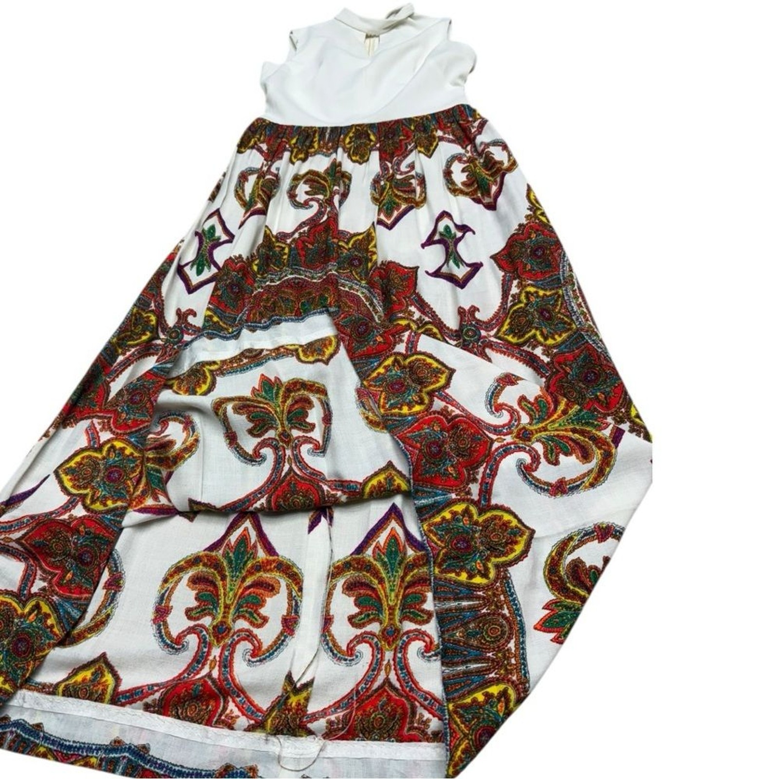 Vintage Mod Maxi Dress White Top Multicolor Paisley Skirt Sleeveless 70s Hippy