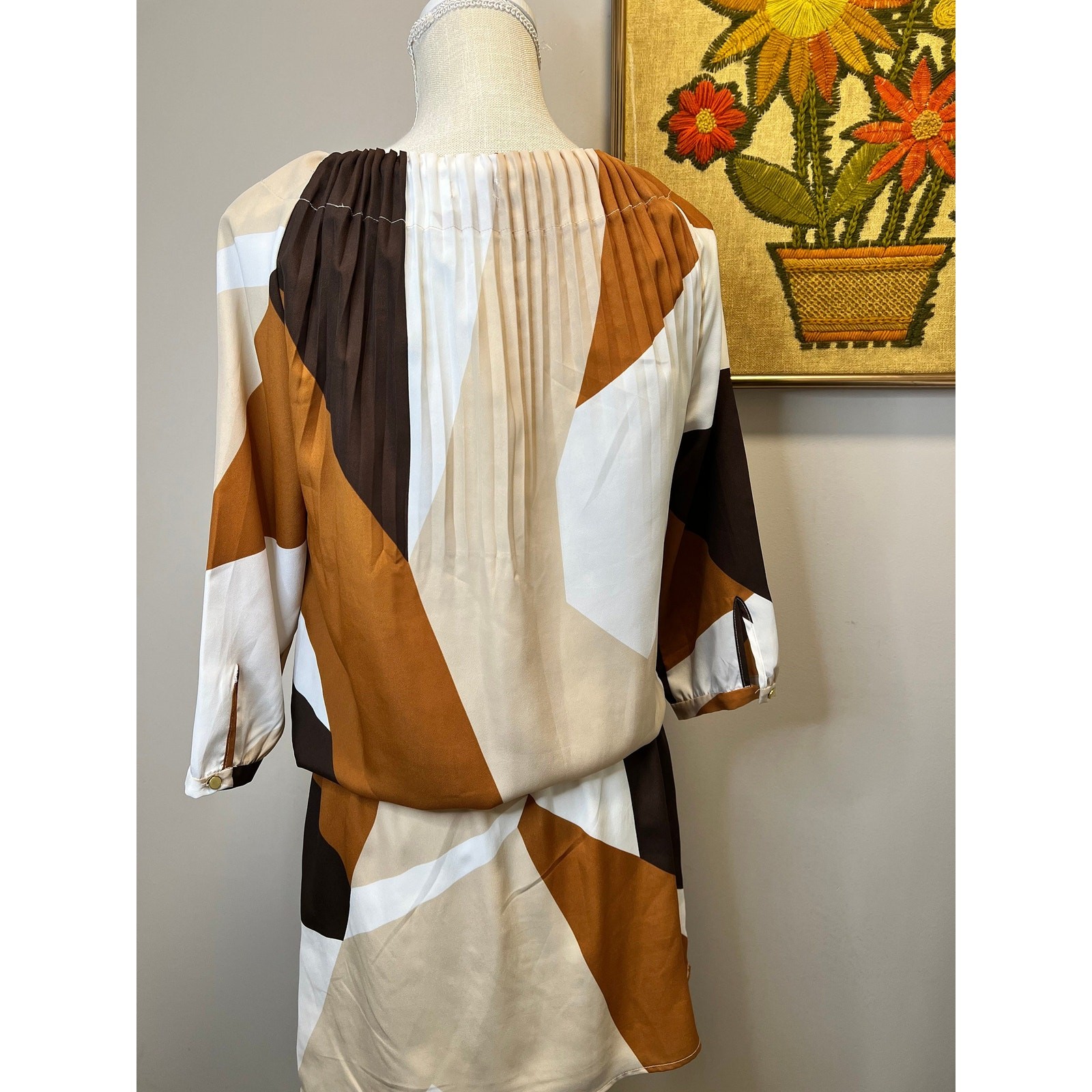 Vintage New York And Company Geometric Pleated Brown/Tan Mini Dress Size S
