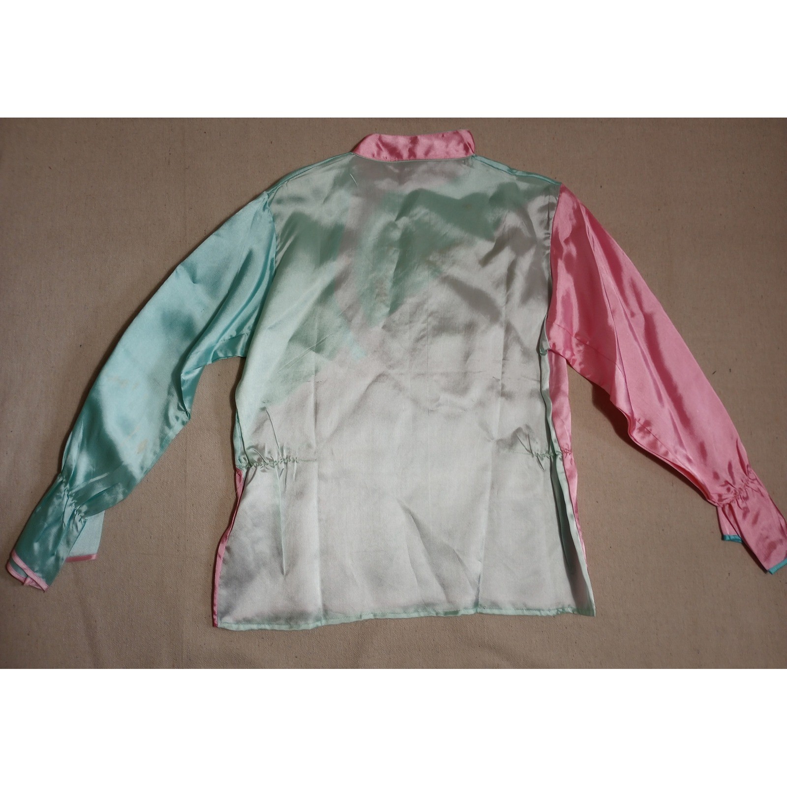 Vintage Pink Aqua Satin Dragon Embroidered Blouse Mandarin Collar