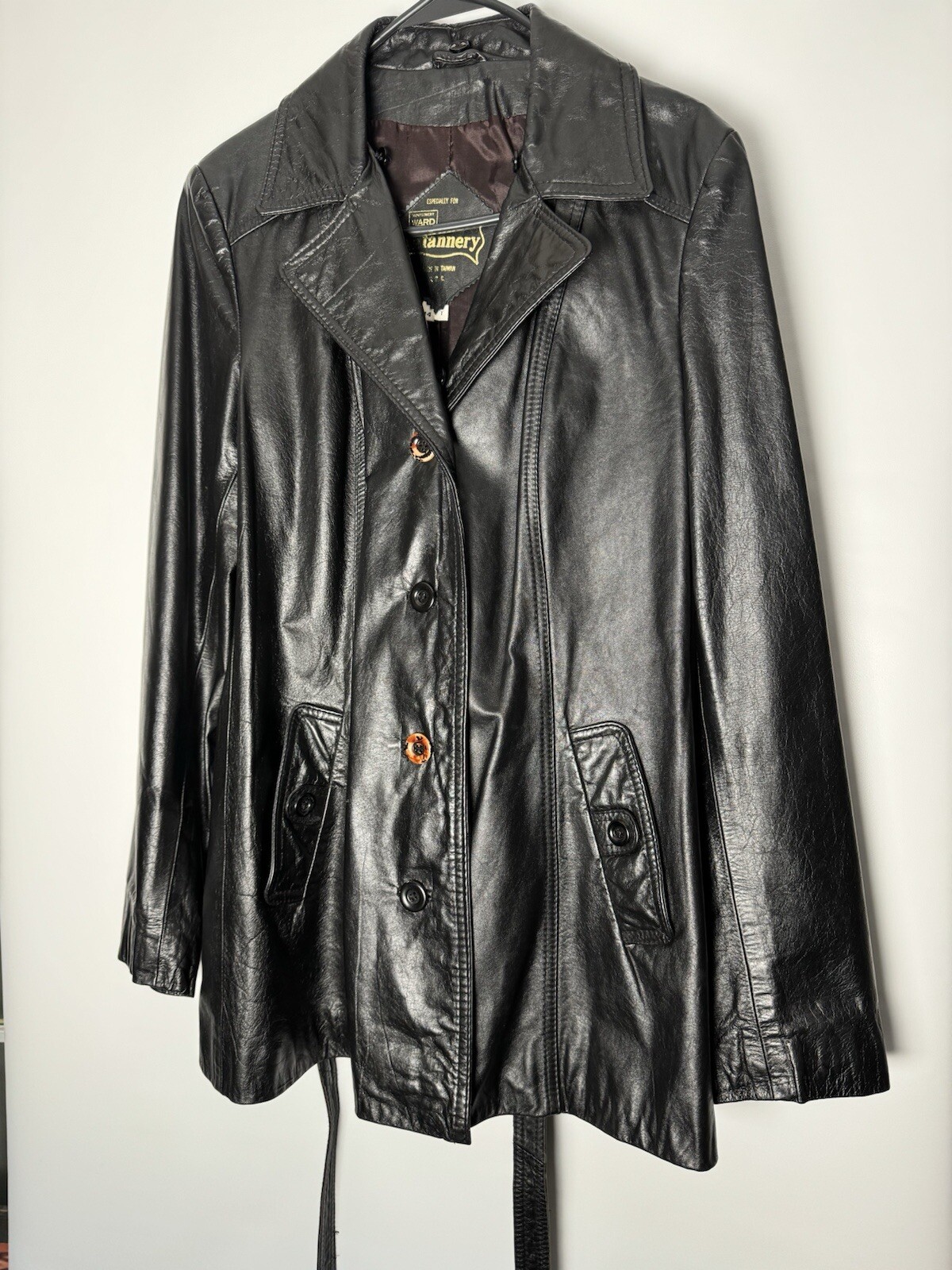 The Tannery Vintage Women’s Black Leather Jacket Montgomery Ward Button Up 14-T
