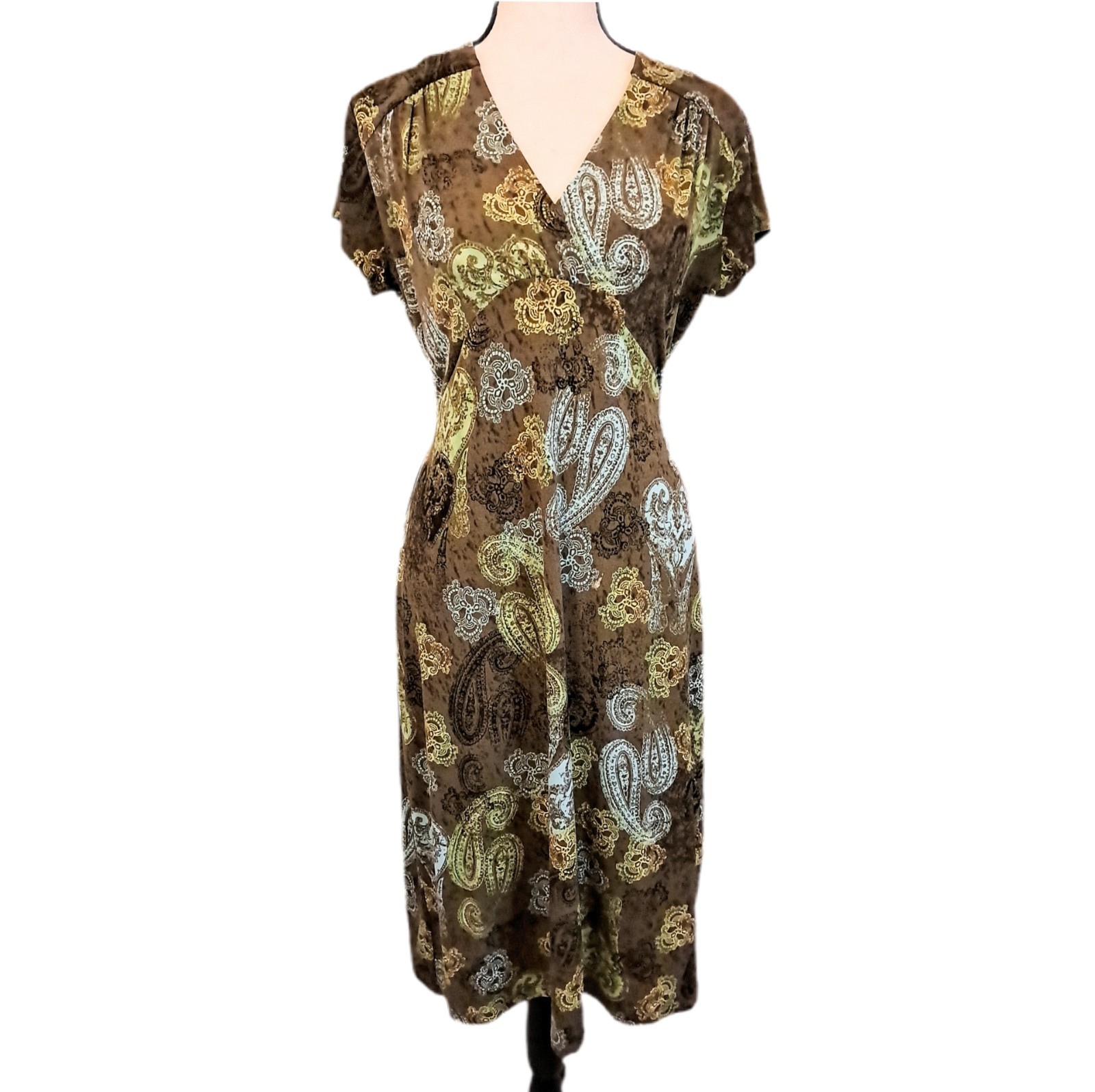 Vtg 90s Axcess a Liz Claiborne Co Whimsy Boho Paisley Dress Olive Empire Waist M