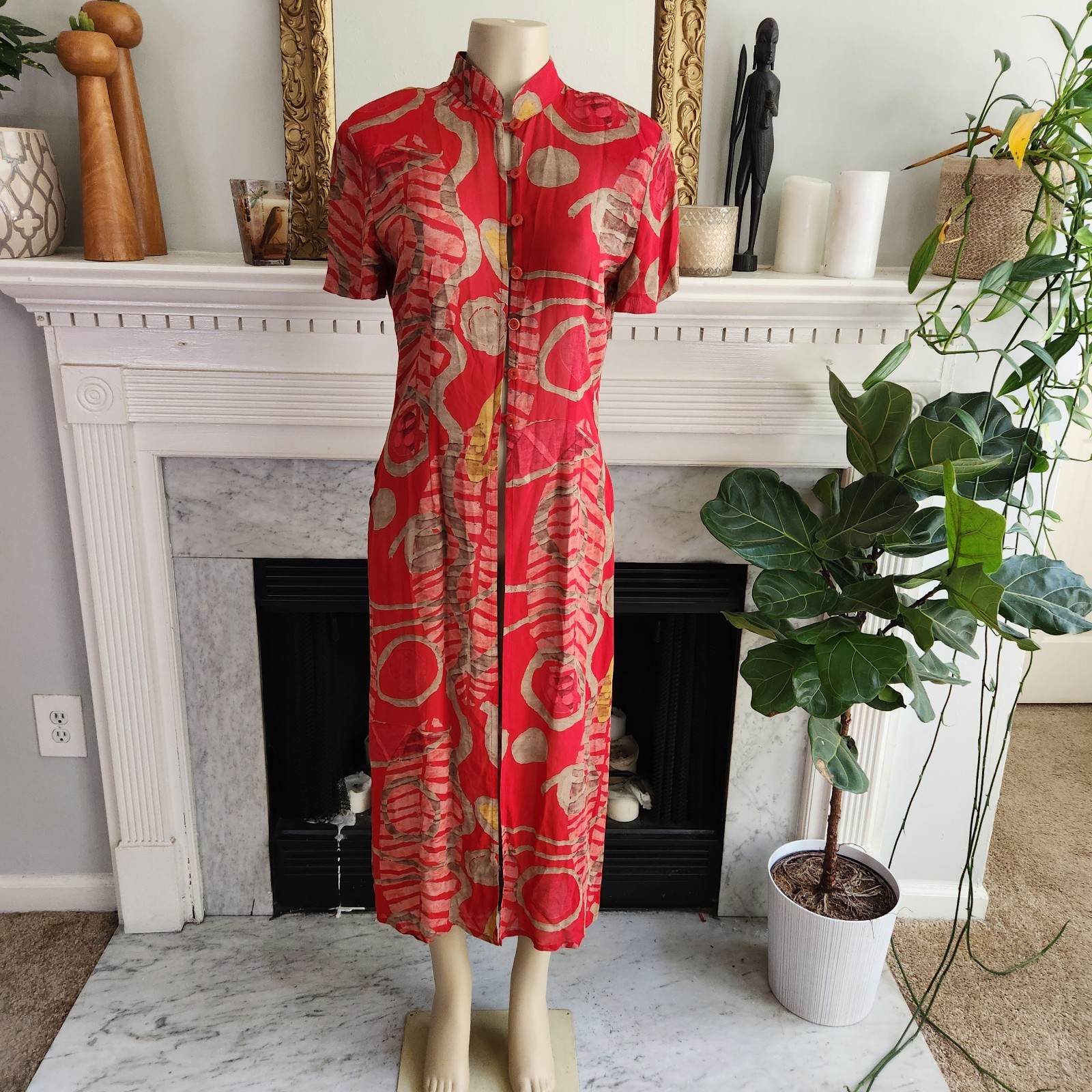 Vintage Y2K Joseph Ribkoff Red Tunic Brown Graphic Art To Wear Boho Size 10