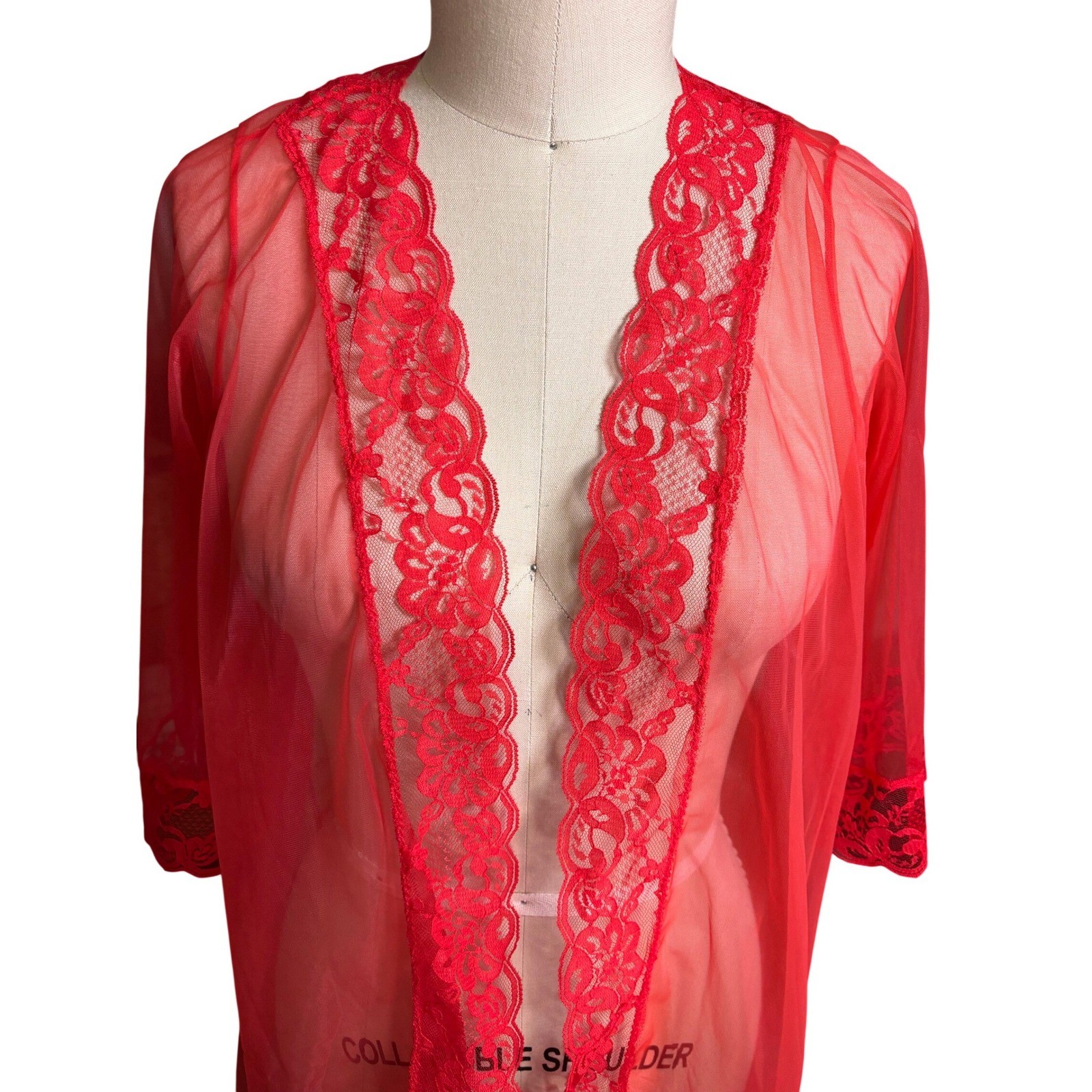 Pandora 60s Lace Trim Sheer Mesh Fairy Lingerie Kimono Medium Cherry Red Vintage