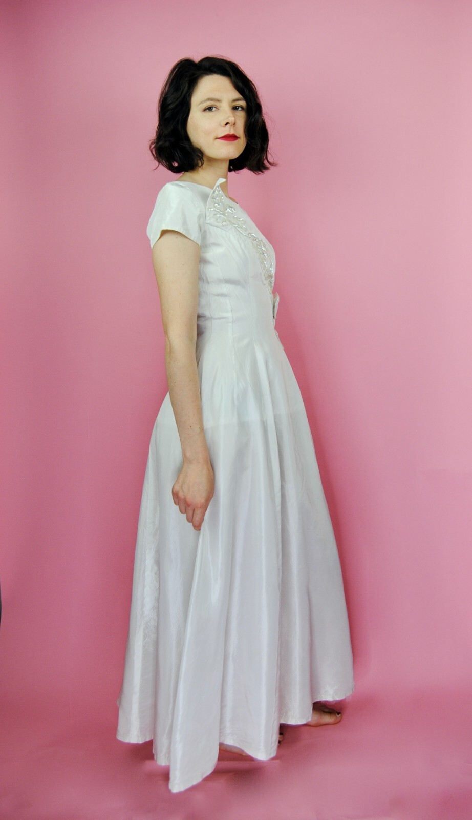 1960s Vintage Emma Domb Ivory Wedding Gown Cotillion Formal Sequin Dress XXS XS