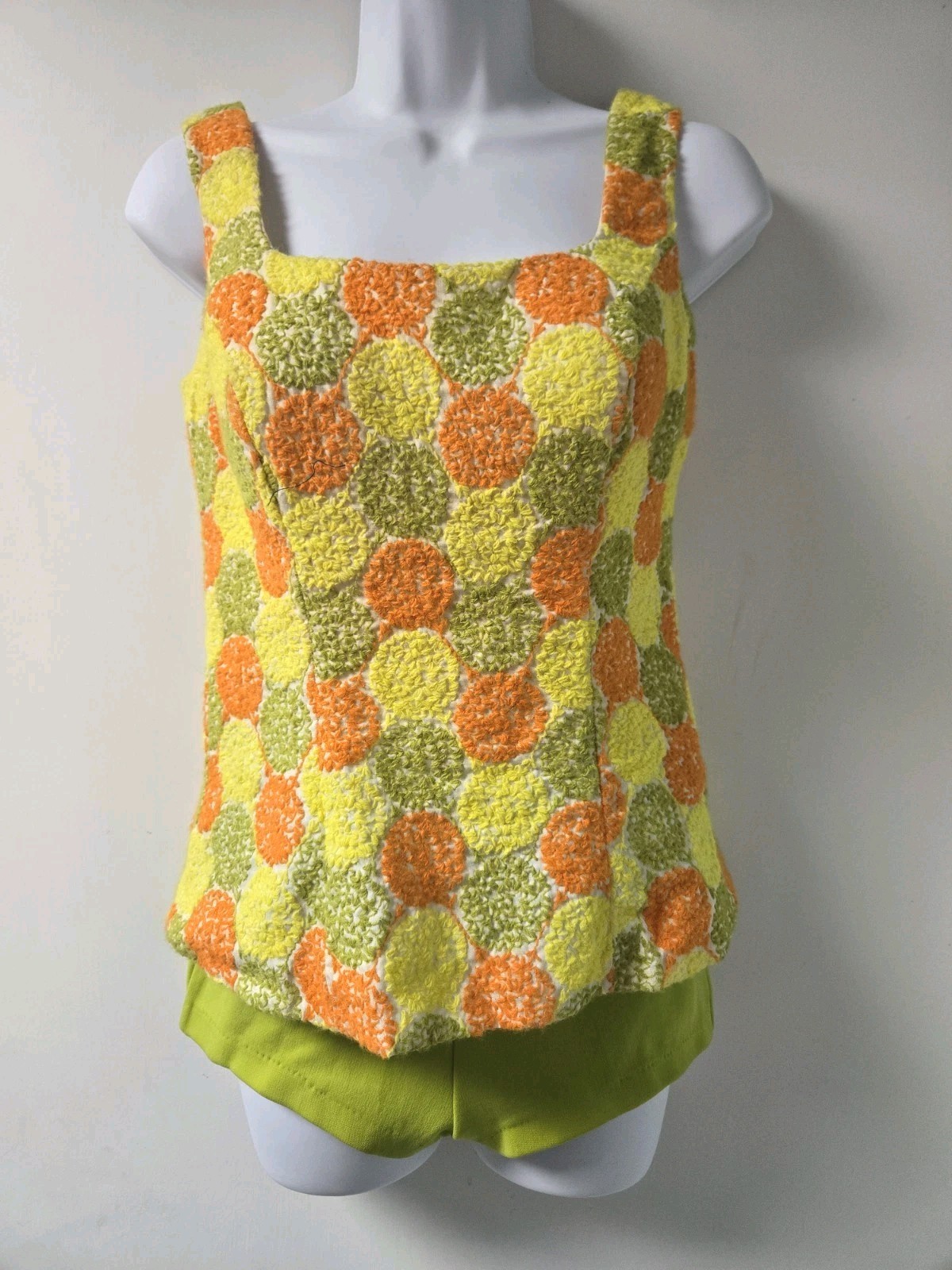 Vintage Bathing Suit Mod Green Orange Yellow Dots 2 Piece 34 Sz 12 M 1960s 70s