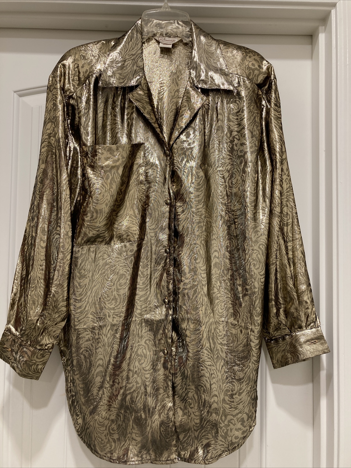 Vtg Alexandria 80s Womens Shiny Metallic Gold Blouse Rayon Blend SZ 8 Shldr Pads