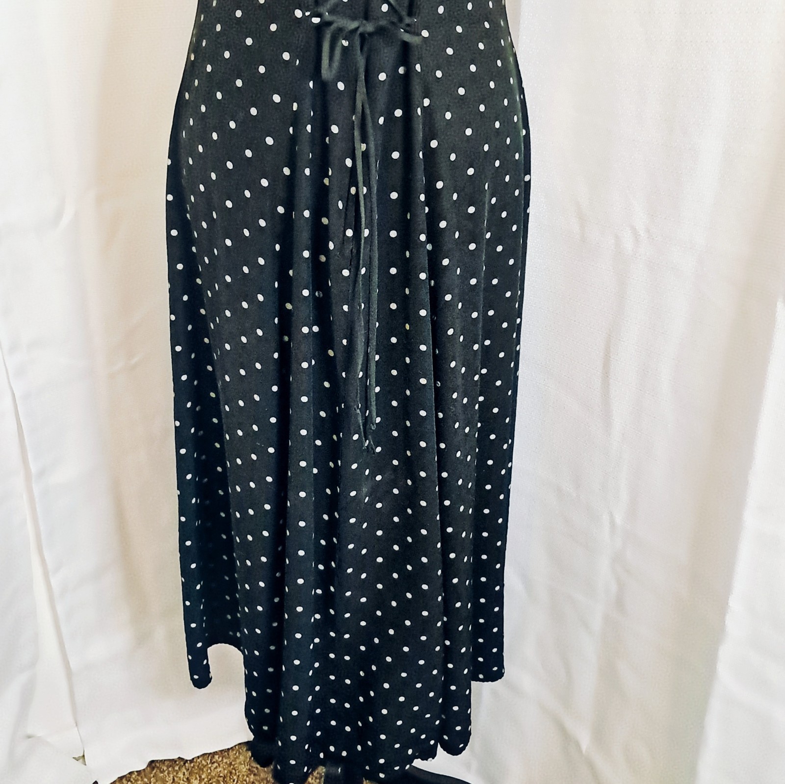 Vtg 90s Casual Corner Black Cream Polkadot Midi Dress Corset-Style Back 11/12