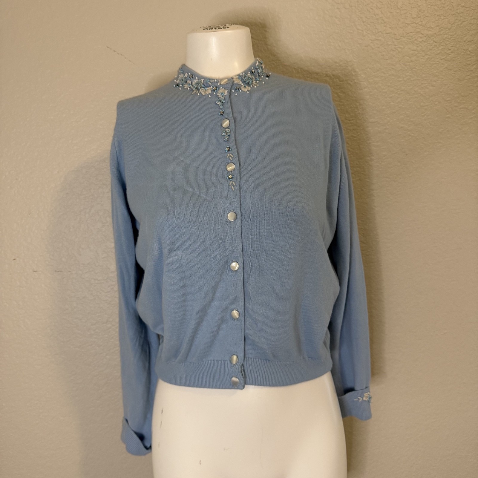 Baby blue beaded 50’s cardigan button up cardigan size XS