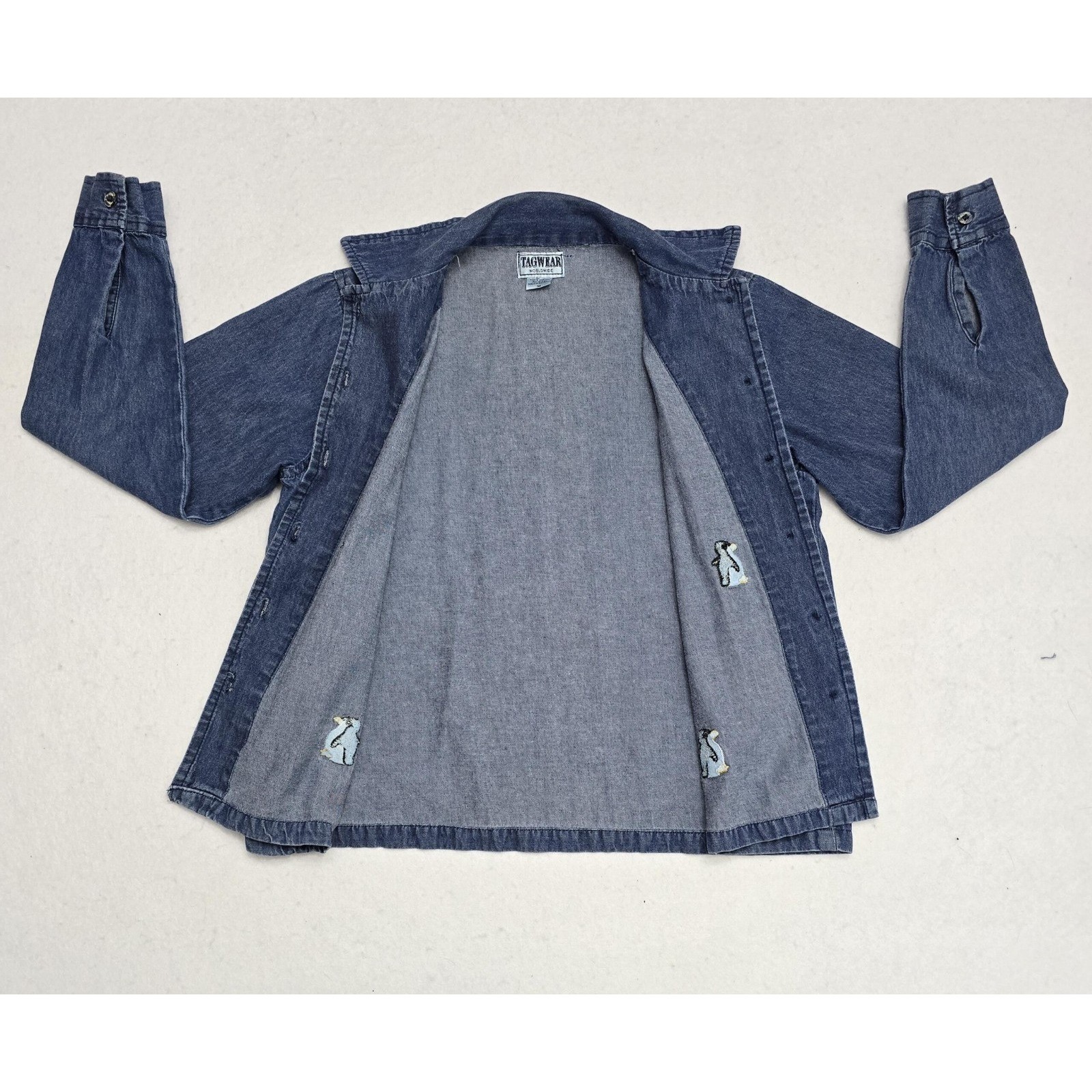 Tagwear Worldwide Vintage Blue Denim Penguin Embroidered Button Down Shirt Med