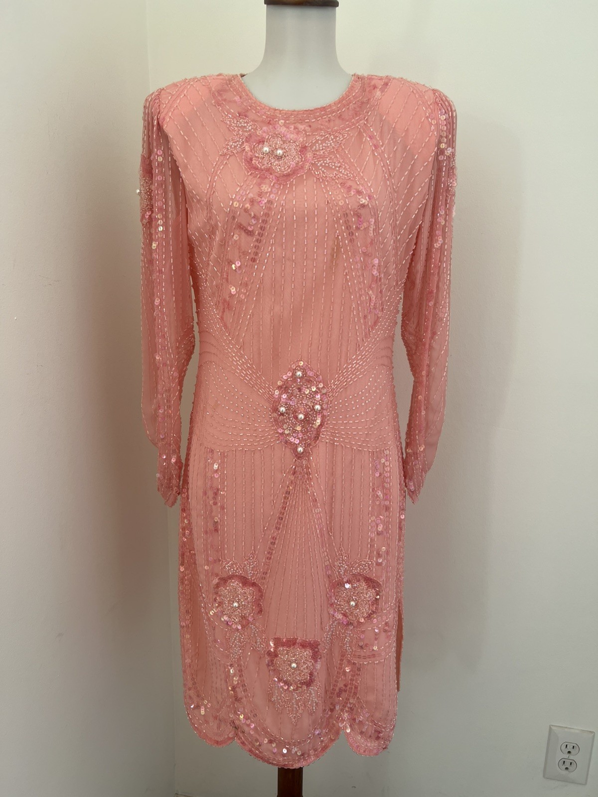 Lillie Rubin Vintage Pink Sequin Beaded Cocktail Party Dress Size Small