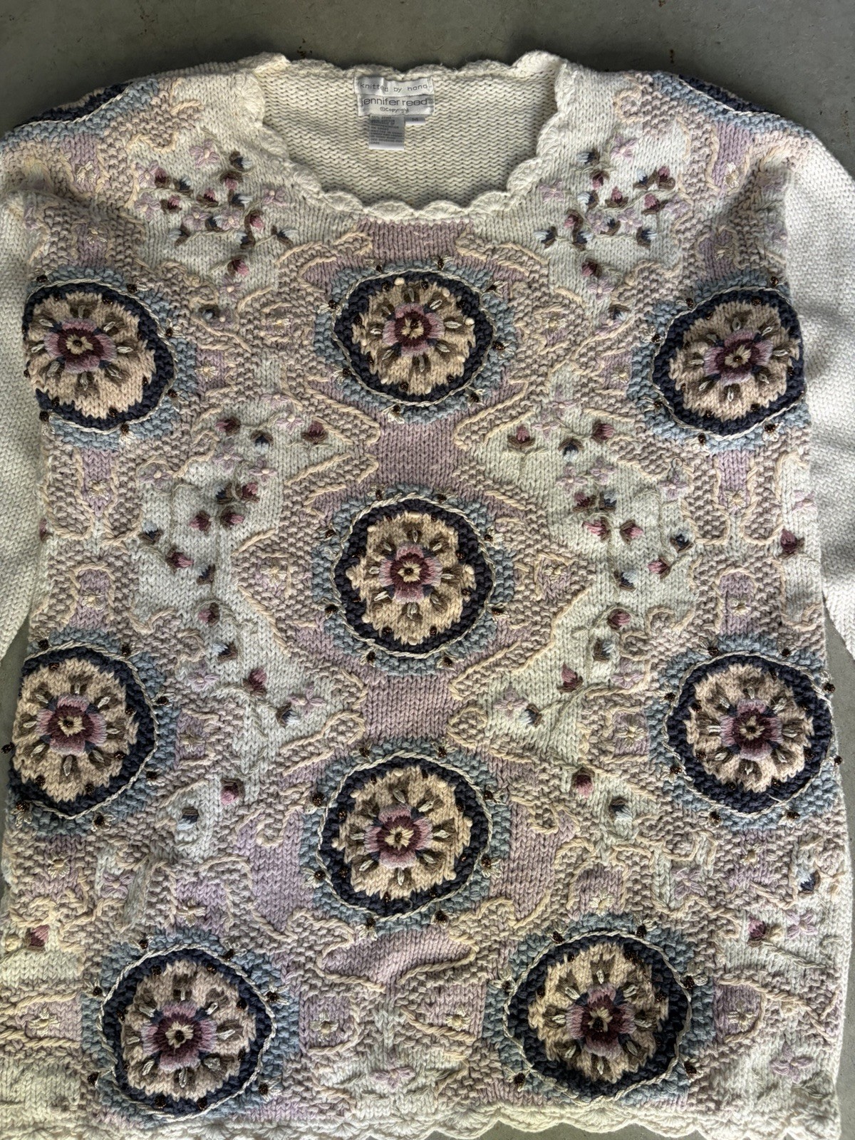 Vtg Jennifer Reed Hand Knit Long Crew Floral Medallion Embroidered Sweater M