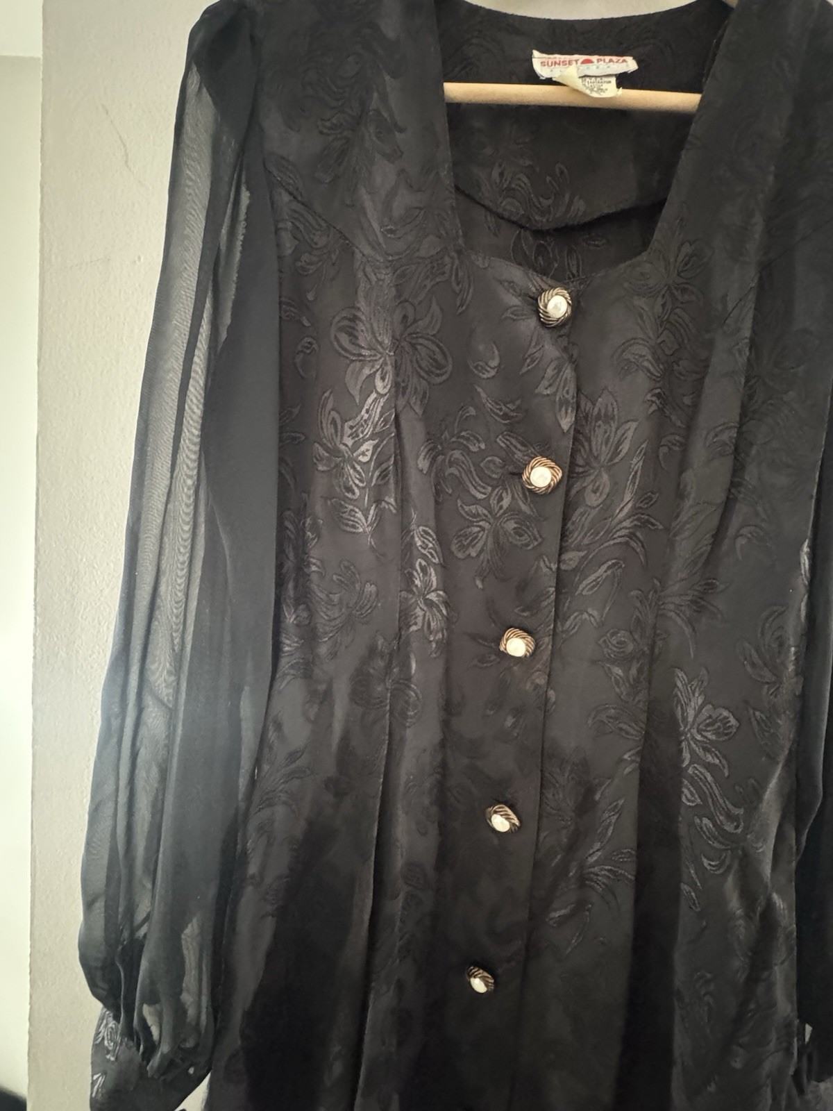 Vintage Sunset Plaza Jacquard Women’s Dress Sheer Sleeves Gold Accents Size 9