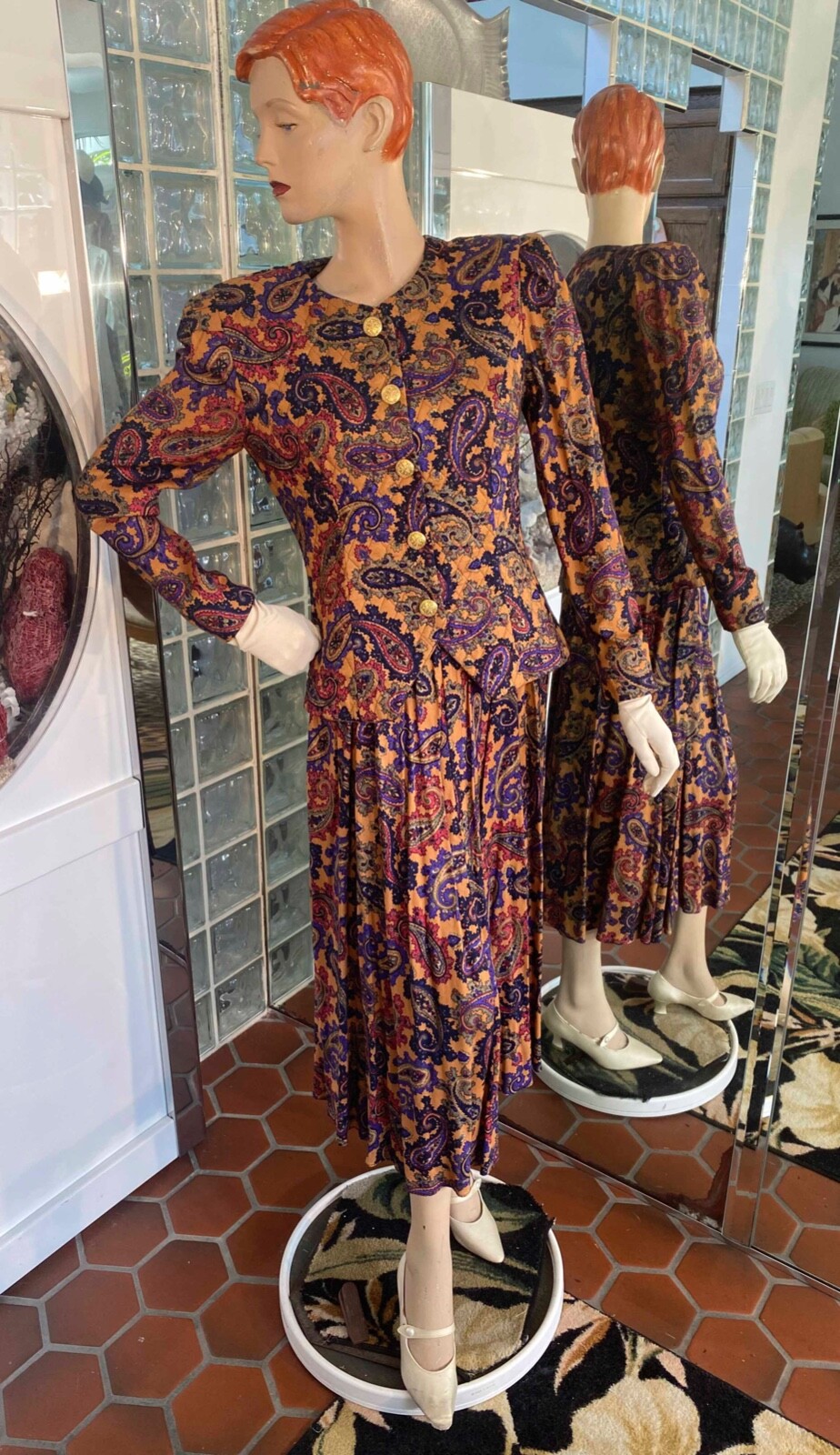 VTG 90s Jeffrey & Dara Suit Dress S Autumn Paisley 2pc Pleat Skirt Secretary