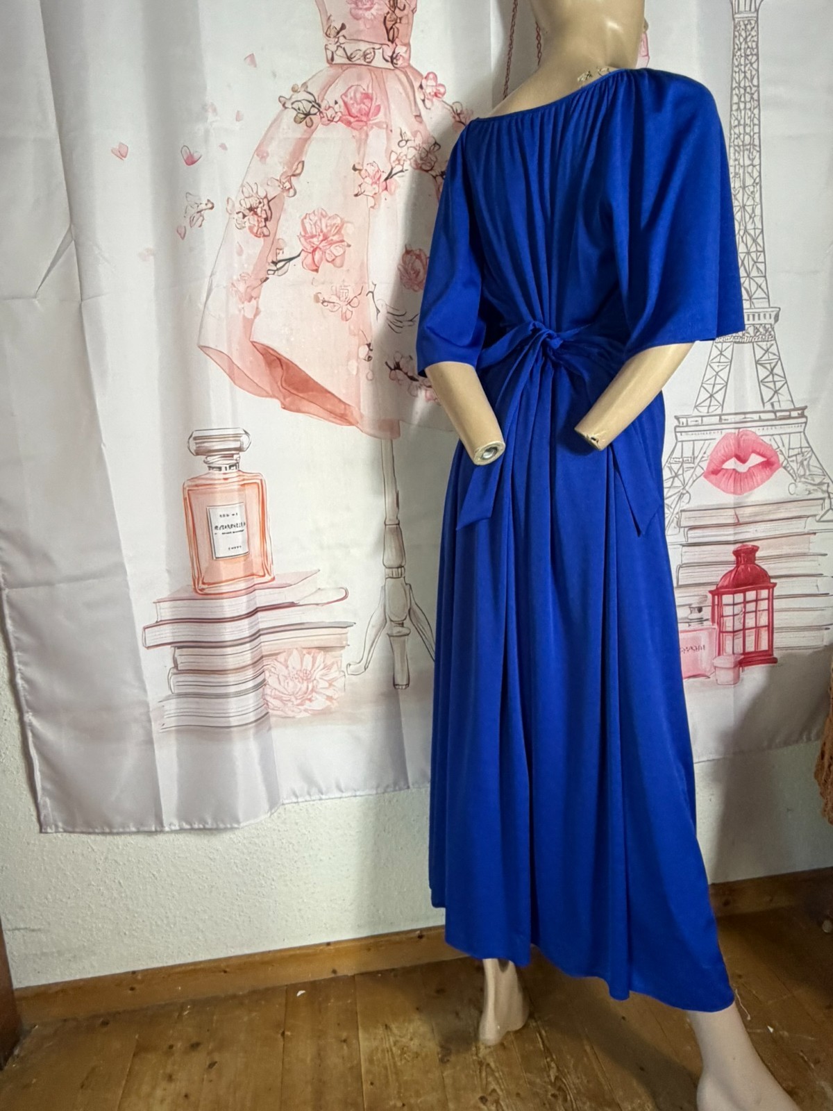 70s maxi dress evening dress Höpfner Jeunesse vintage royal blue cape sleeves 42 44