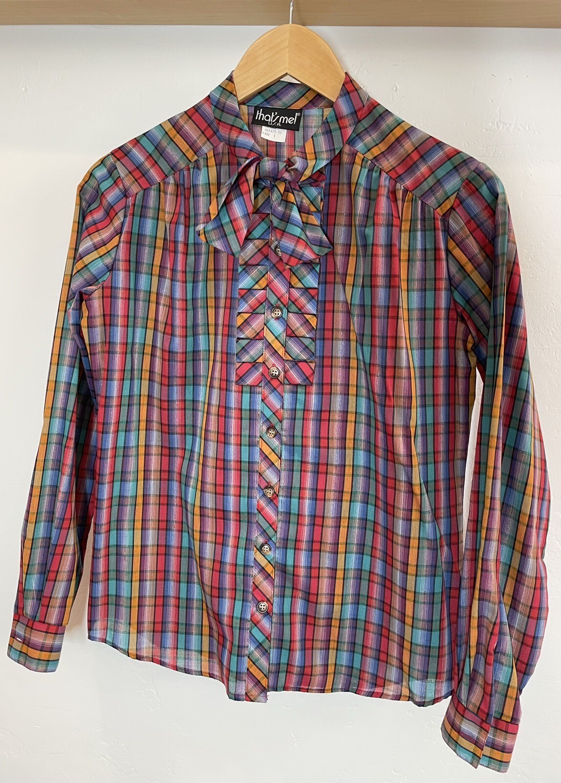 VTG 70s Bow Ruffle Collar SZ 9 Plaid Metallic Thread Poly Cotton Lurex That’s Me