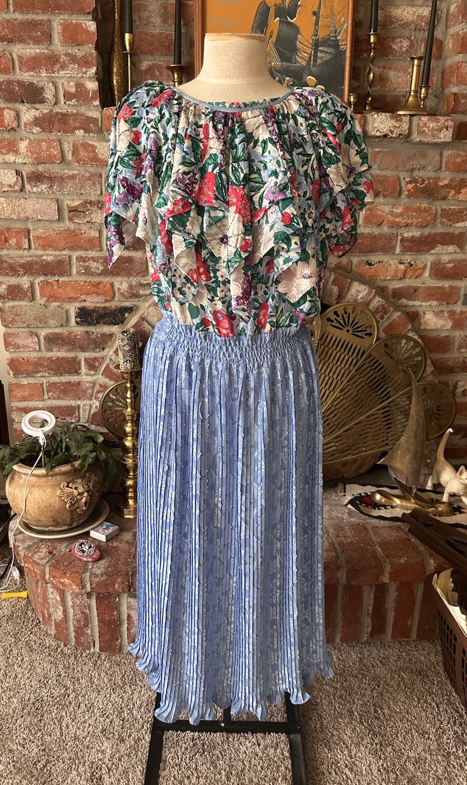 VTG Diane Freis Georgette Maxi Dress Smocked Waist floral ruffle Off Shoulder