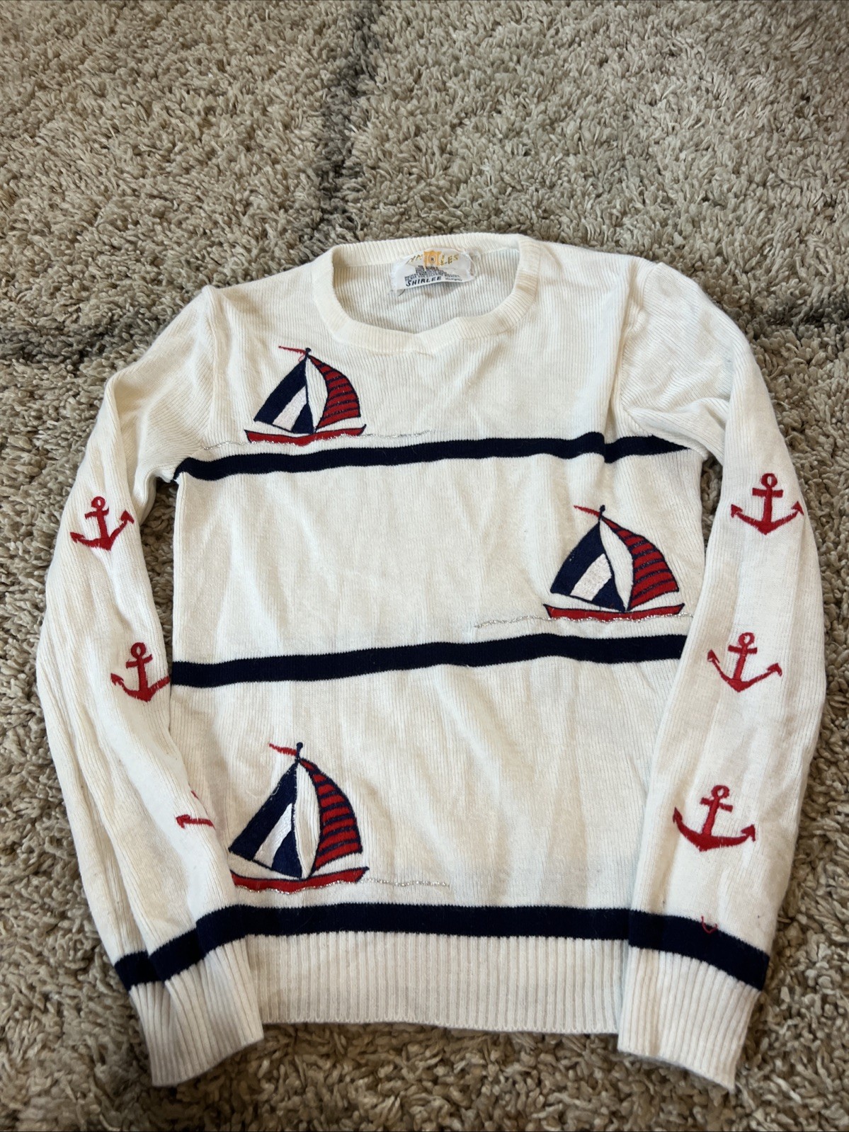 Vintage White Acrylic Sweater Embroidered Sailboats Anchors Cyn Les Small