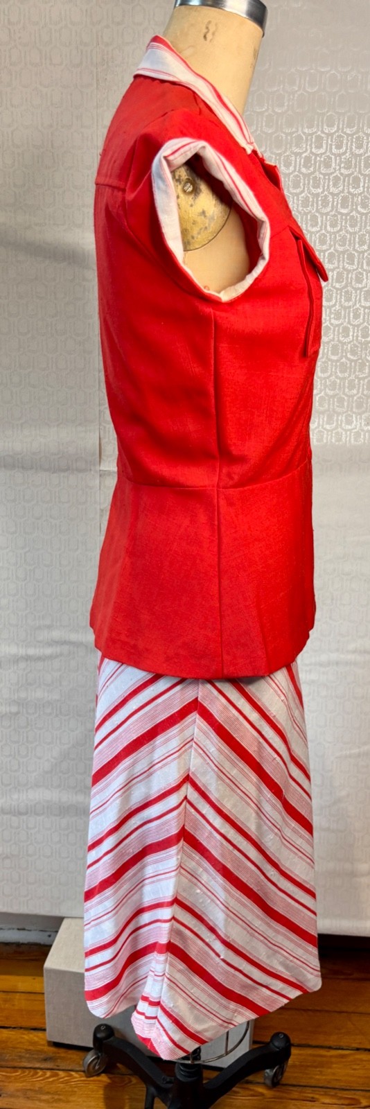 VTG 70’S WHITE&RED STRIPE 40’S INSPIRED PEPLUM JACKET&A-LINE SKIRT SET*XS/S