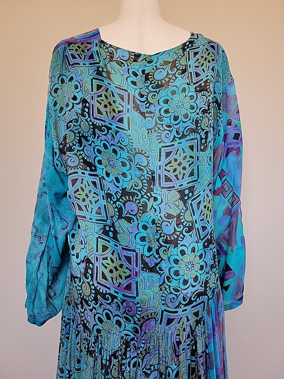 Vtg URU Womens Maxi Dress One Sz Oversized Tiered Lagenlook Drop Waist Floral