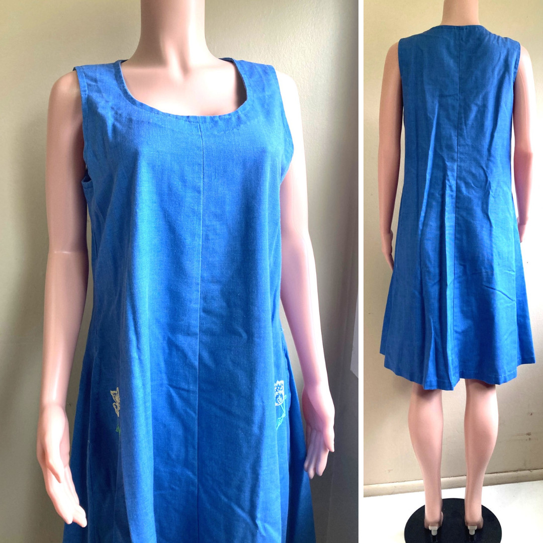 Vintage 70s Maternity Tent Dress L XL Handmade Cotton Poly Pockets Embroidered